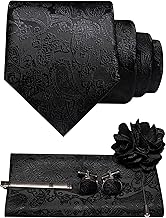 JEMYGINS Mens Paisley Tie with Pocket Square, Tie Clip, Flower Brooch and Cufflinks