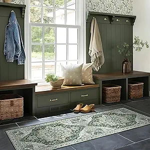 Deerly Green Vintage Runner Rug 2x6 Hallway Runners Boho Non-Slip Entryway Throw Rug Faux Wool Non-Slip Washable Low-Pile Floor Carpet for Indoor Front Entrance Kitchen Bathroom, Green/Multi