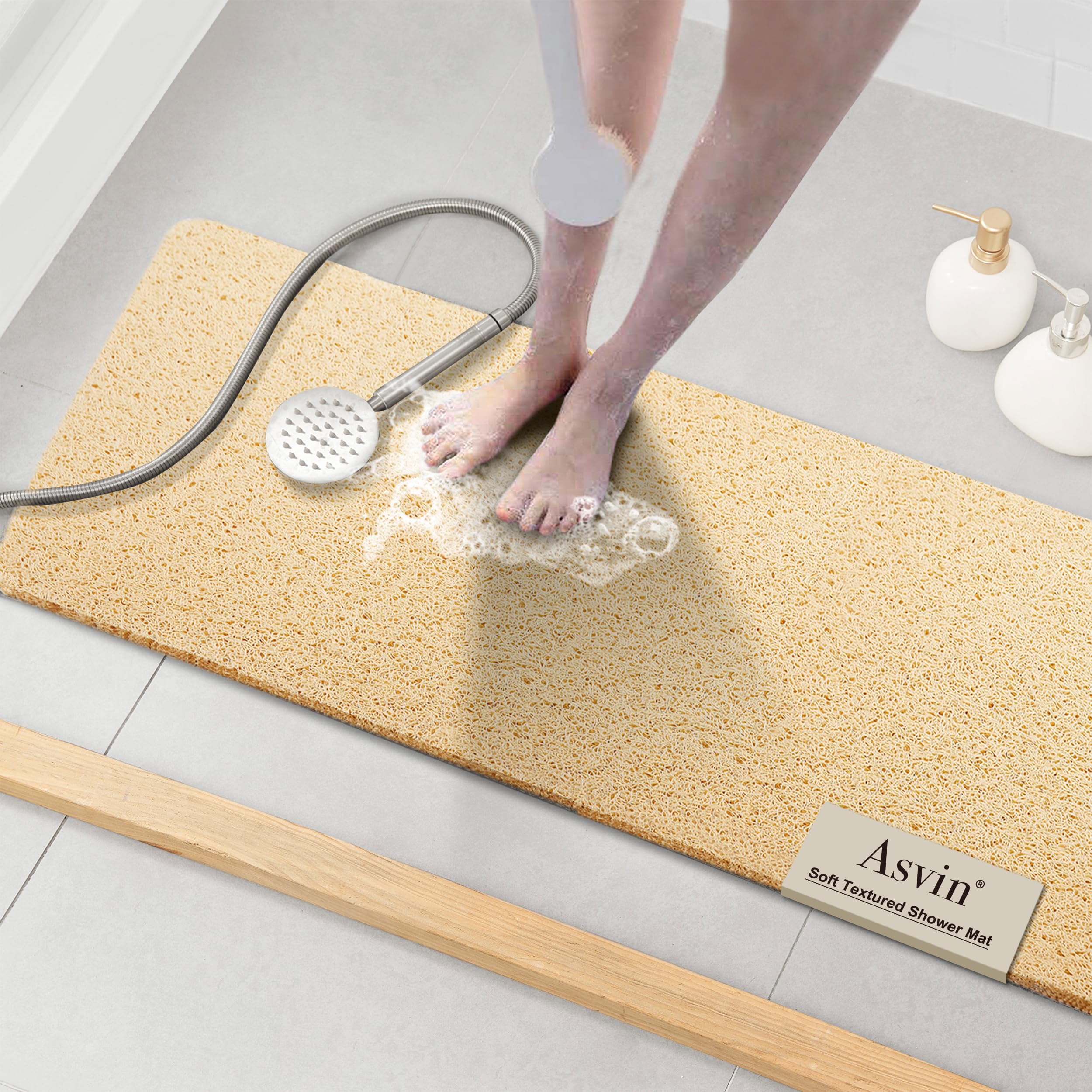 Asvin Beige Soft Textured Bath, Shower, Tub Mat, 47X16 Inch, Phthalate Free, Non Slip Comfort Bathtub Mats With Drain, Pvc Loofah Bathroom Mats For Wet Areas, Quick Drying