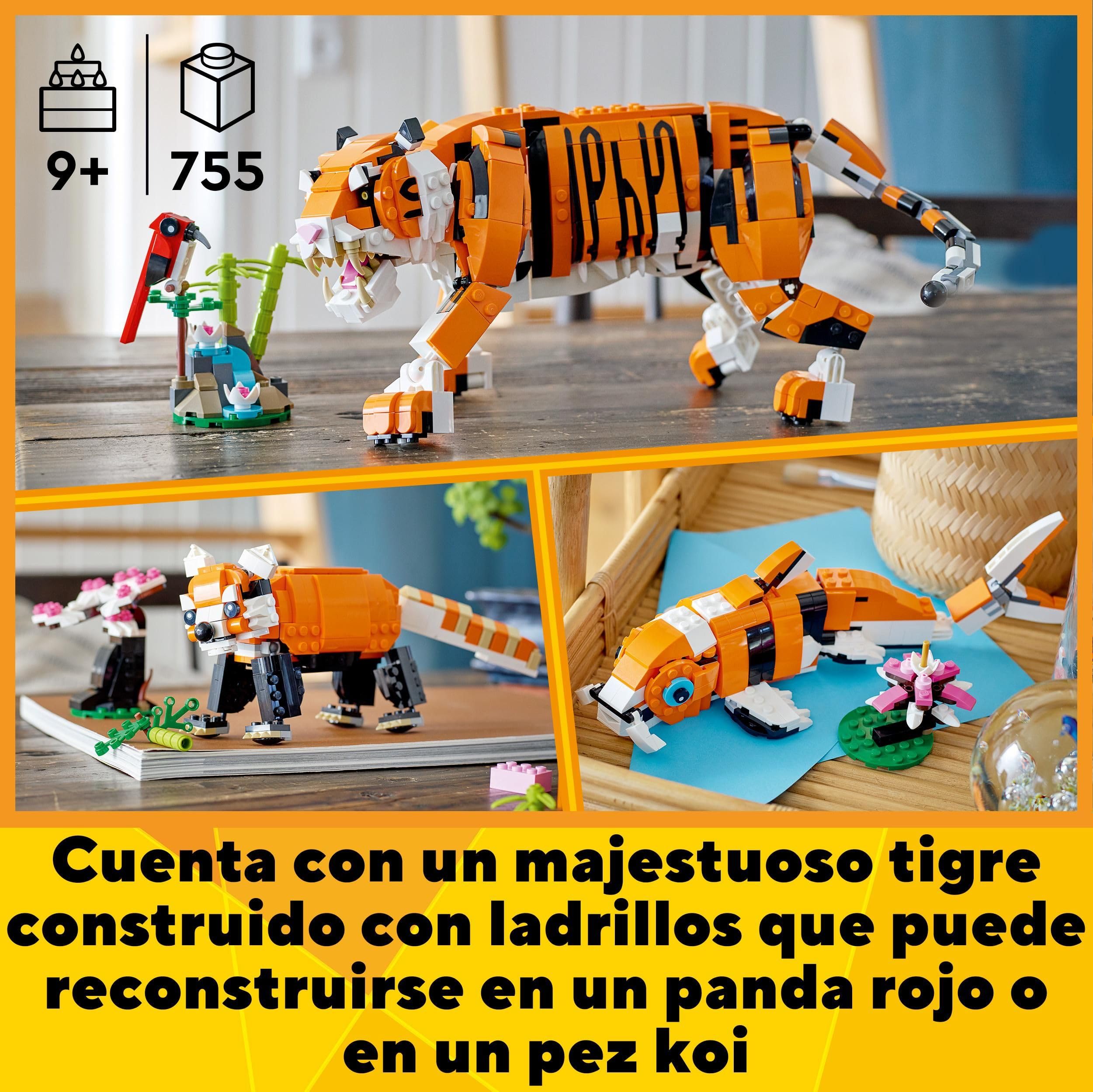 LEGO Creator 3-en-1 Tigre Majestuoso, Panda Rojo o Pez Carpa, Set de Animales de Juguete para Construir para Niños y Niñas de 9 Años, Juego Creativo, Idea de Regalo de Cumpleaños 31129