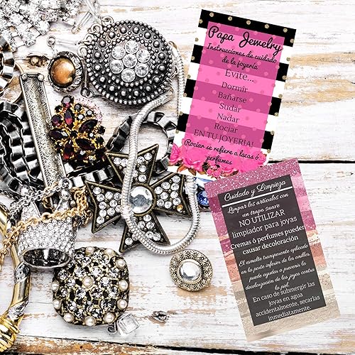 Miniatura 7 de Tarjetas españolas de limpieza y cuidado de joyas Paquete de 50 Instrucciones de cuidado de Jewelry Bling Queen en español Rayas con diseño floral