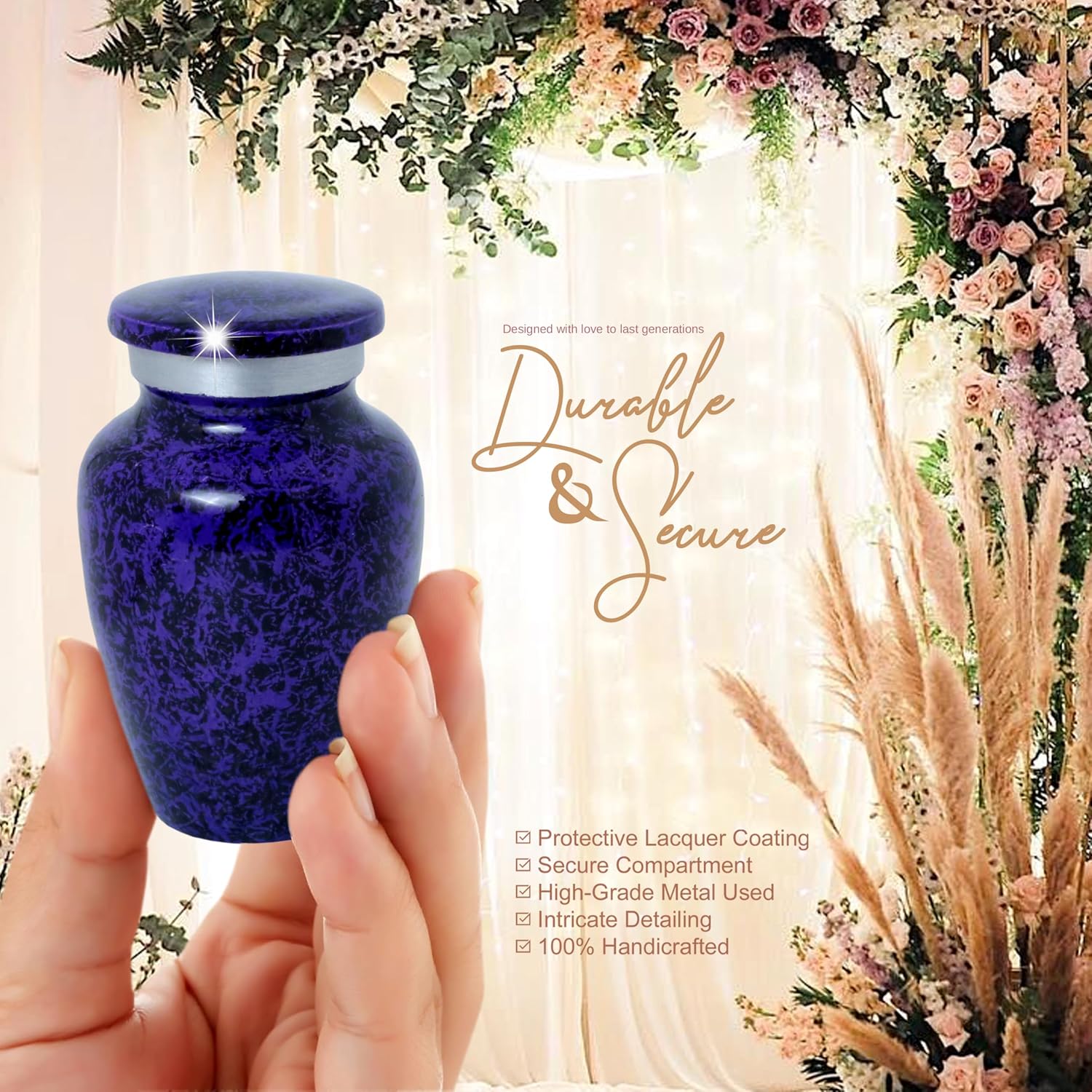 Marble Finish Keepsake Sharing Urn – Mini Metal Cremation Urn for Human or Pet Ashes – Small Memorial Token Urn with Velvet Bag & Funnel – A Perfect Tribute & Gift for Families (Purple)