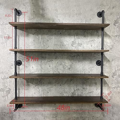 Miniatura 3 de Estantes de pared de tubería industrial con tablón de madera real, estantes flotantes de 48 pulgadas para pared, estantes de tubería de granja,