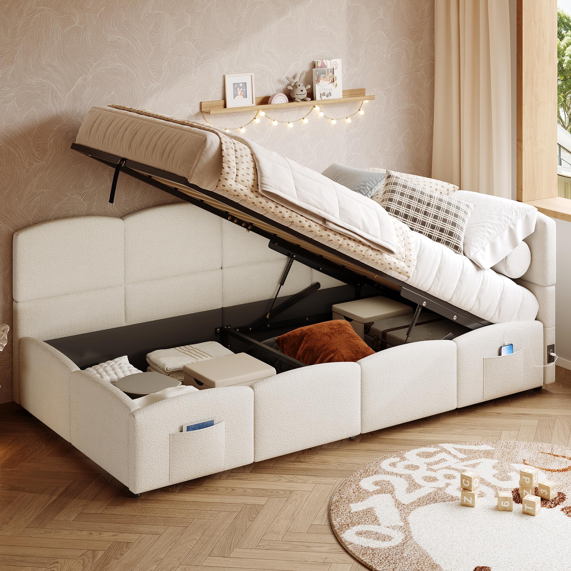 Merax Upholstered Sofa Bed 3FT Single Daybed 90x190 cm, Boucle Fabric Children's Bed with Hydraulic Storage & USB Charging, Slatted Frame & Side Pockets(NO Mattress, Beige)