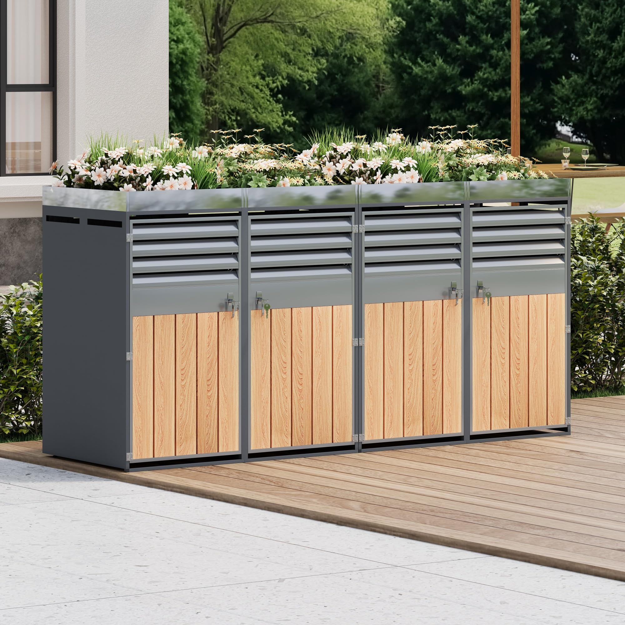 Merax Mülltonnenbox 4er mit Pflanzdach, Abschließbarer Mülltonnenschrank aus verzinktem Stahl, Mülltonnenverkleidung mit Lüftungsöffnung & Lamellen,Viertüriges Türen, für Garten & Terrasse