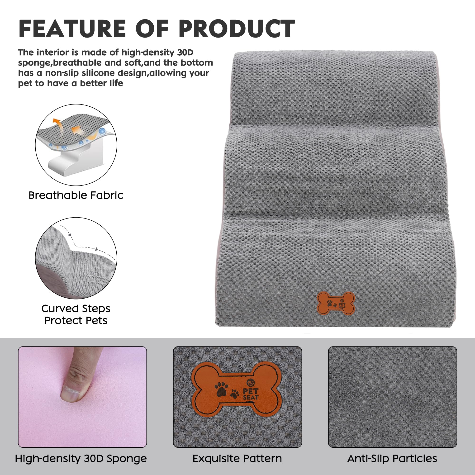 Escalera Perros Pequeños 3 Peldaños, Rampa para Mascotas de Espuma de Alta Densidad, Escalera Antideslizante para Ccachorros, Escalera para Perros para Subir a la Cama Extraíble y Lavable, 57x40x40cm