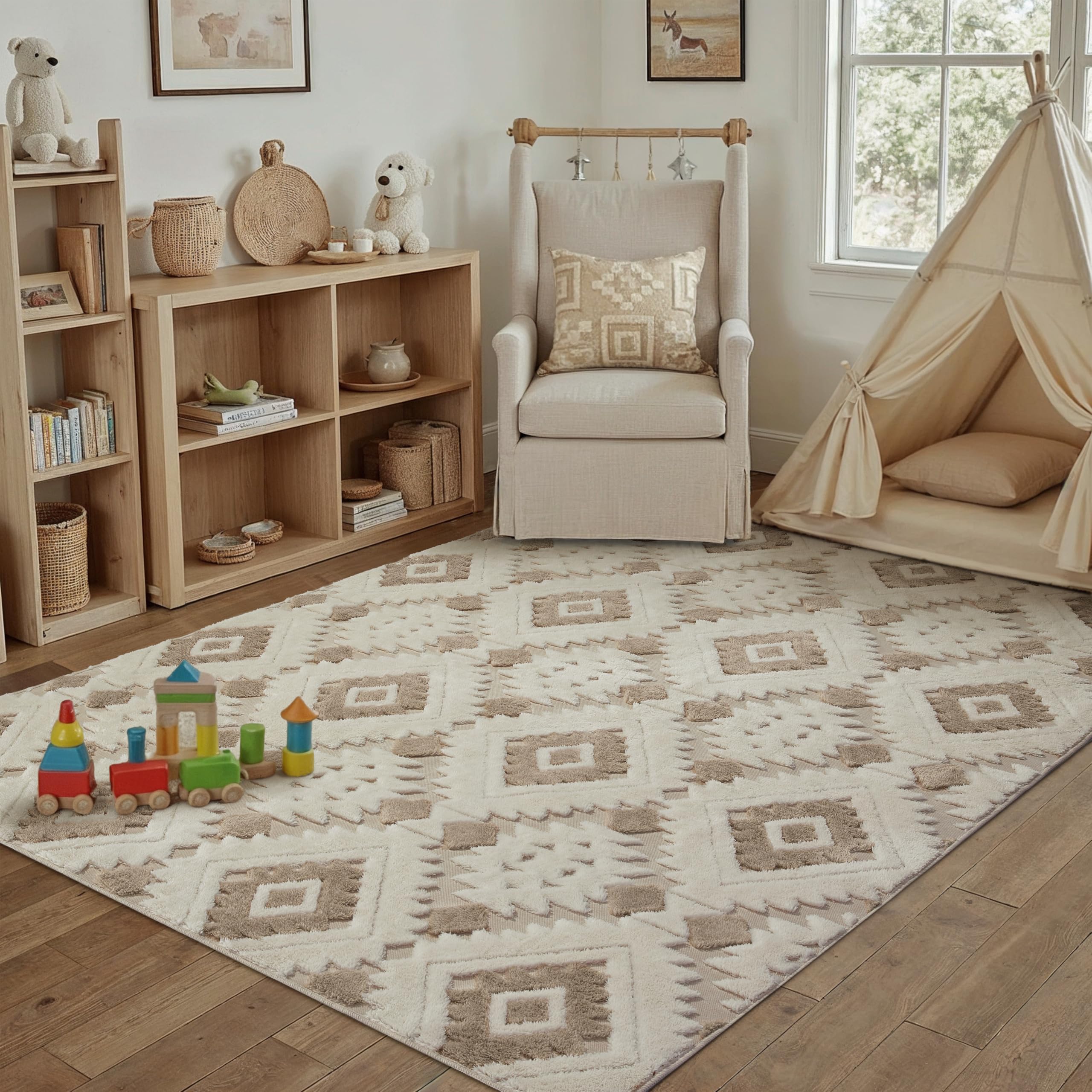 PureCozy Beige Brown Rugs Living Room Area Rug 120x170cm Bedroom Boho Neutral Washable Non Slip Large 3D Carpet Hall Lounge Bedside Office Low Pile Soft Geometric Carpets โ image 1