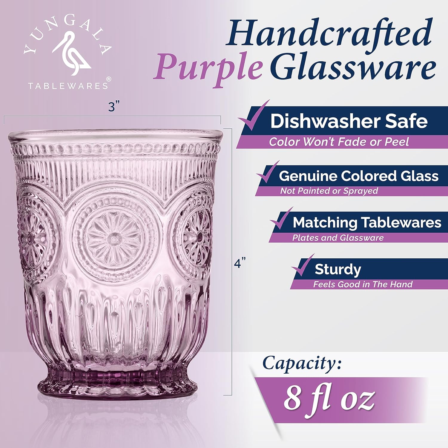 Yungala Purple Glassware Bundle - Purple Highball Glasses and Purple Small Drinking Glasses - Matching Purple Glassware Sets with Sunflower Emboss Design
