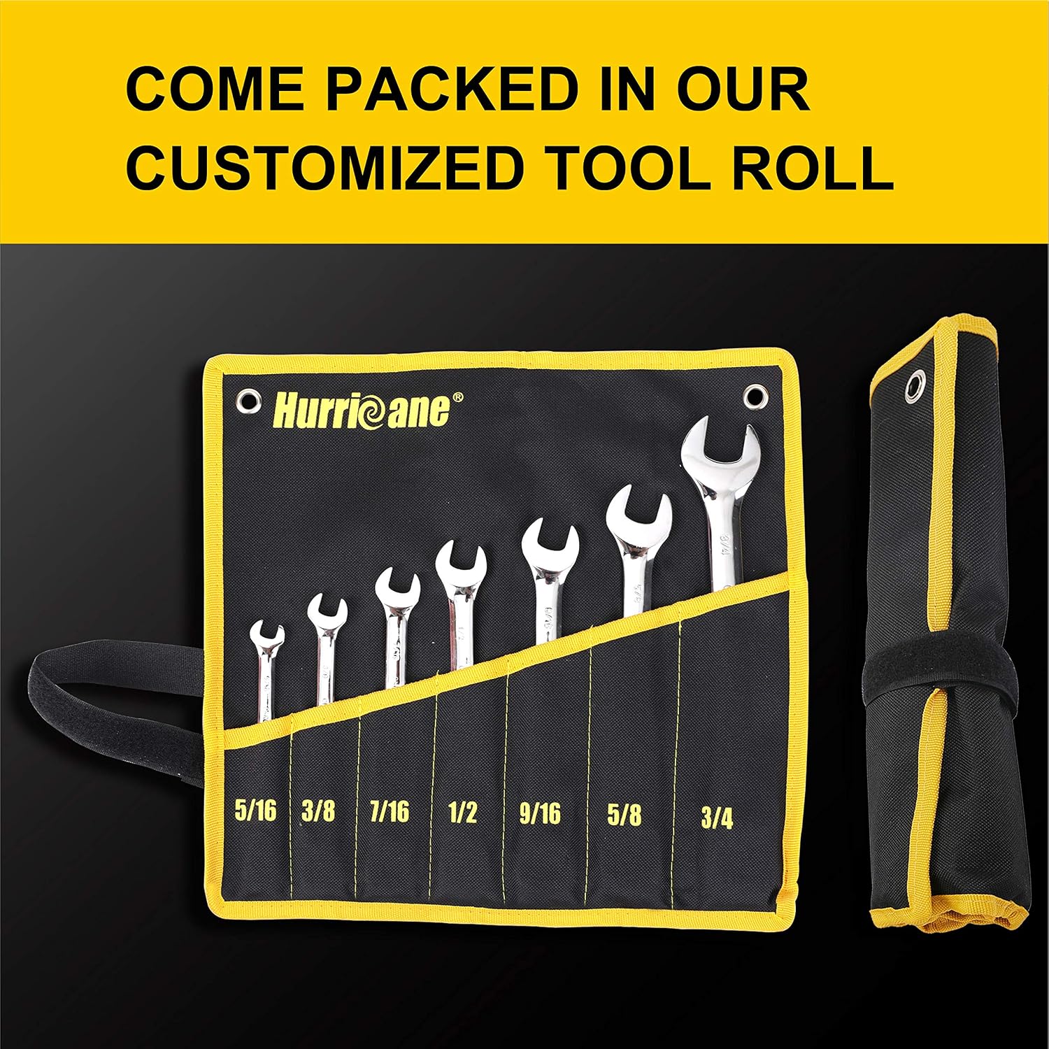 Hurricane 7 Piece 12 Point Ratcheting Combination Wrench Set, SAE, Chrome Vanadium Steel, 5/16 in,3/8 in,7/16 in,1/2 in,9/16 in,5/8 in,3/4 in, with Portable Nylon Pouch