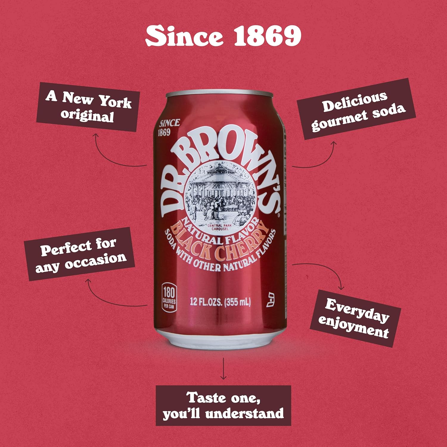 Dr. Brown's Black Cherry Soda - A New York Original - 24 Cans - Kosher, Gourmet Soda Pop - Black Cherry Flavored Craft Soda - 24 x 12 oz Cans