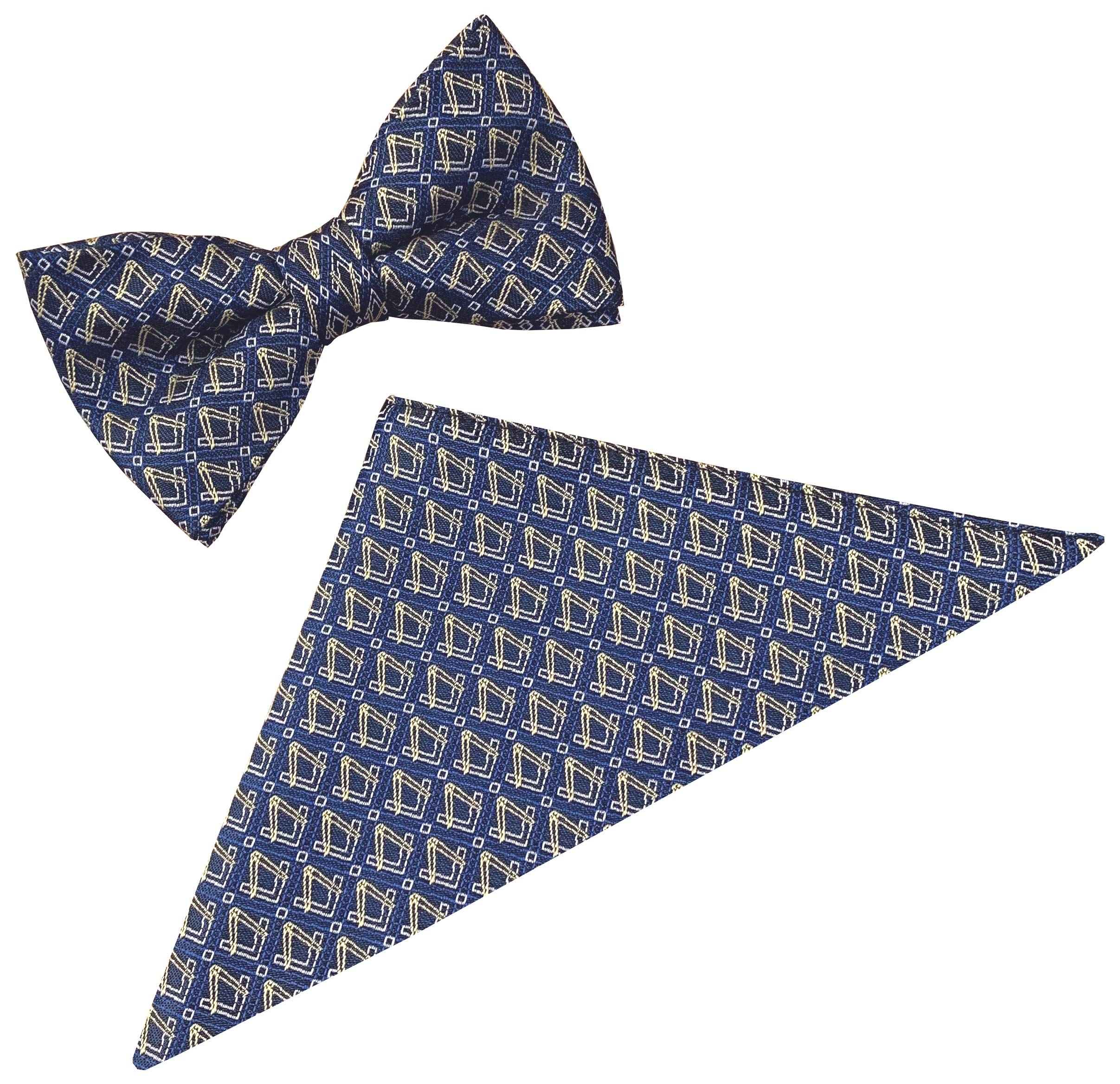 Great British Tie Club Men's Navy, Royal, Gold, White Freemasons Masonic Bow Tie & Hanky Set