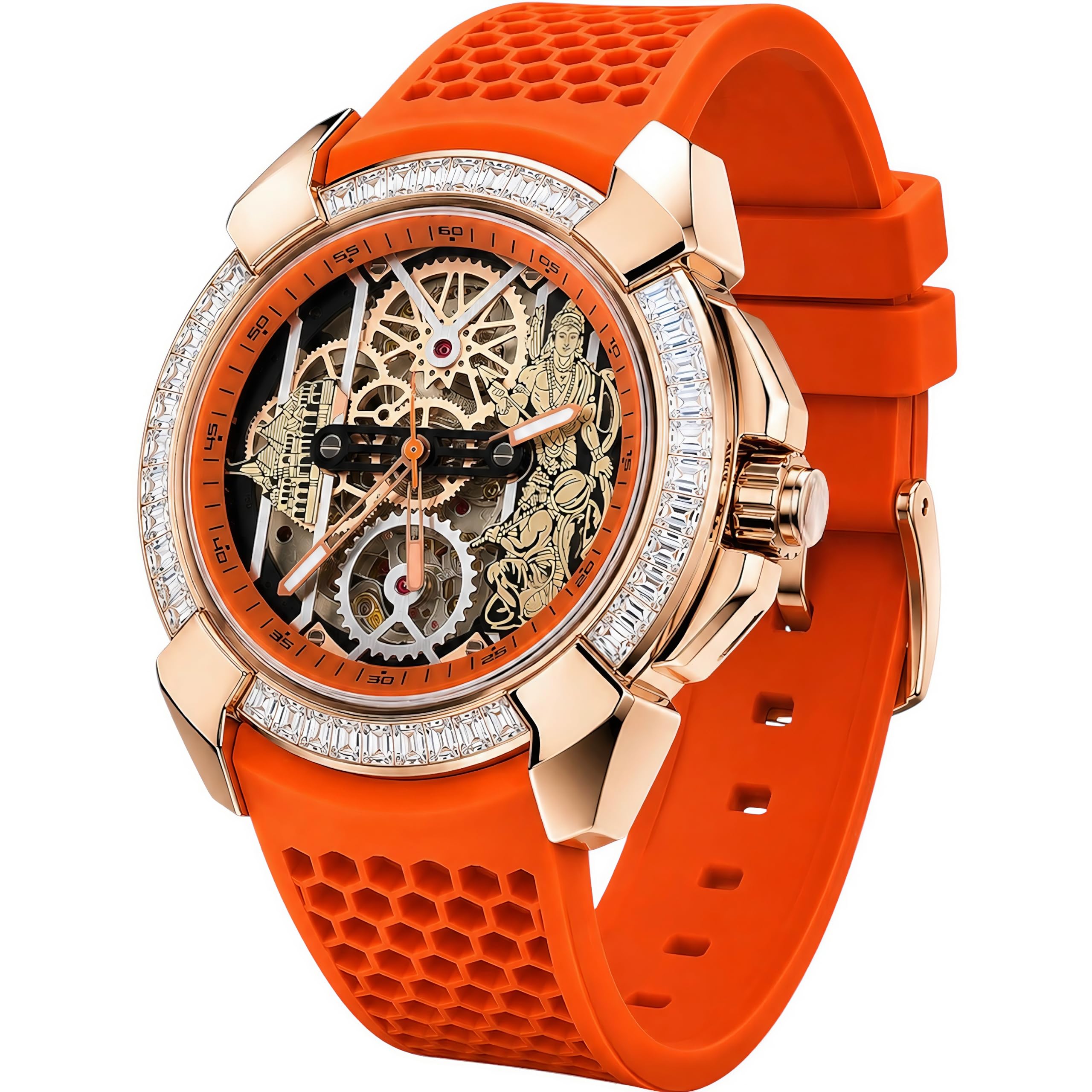 Men’s Automatic Skeleton Watch Rose Gold Crystal Bezel Orange Silicone Strap-image-17