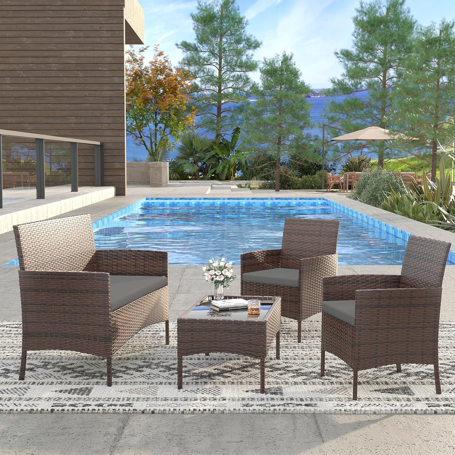 Patio Furniture Set 4 Pieces Small, Belcony Furniture Outdoor Wicker Patio Conversation Set for Backyard,Porch, Deck,Garden,Poolside and Balcony(Grey)