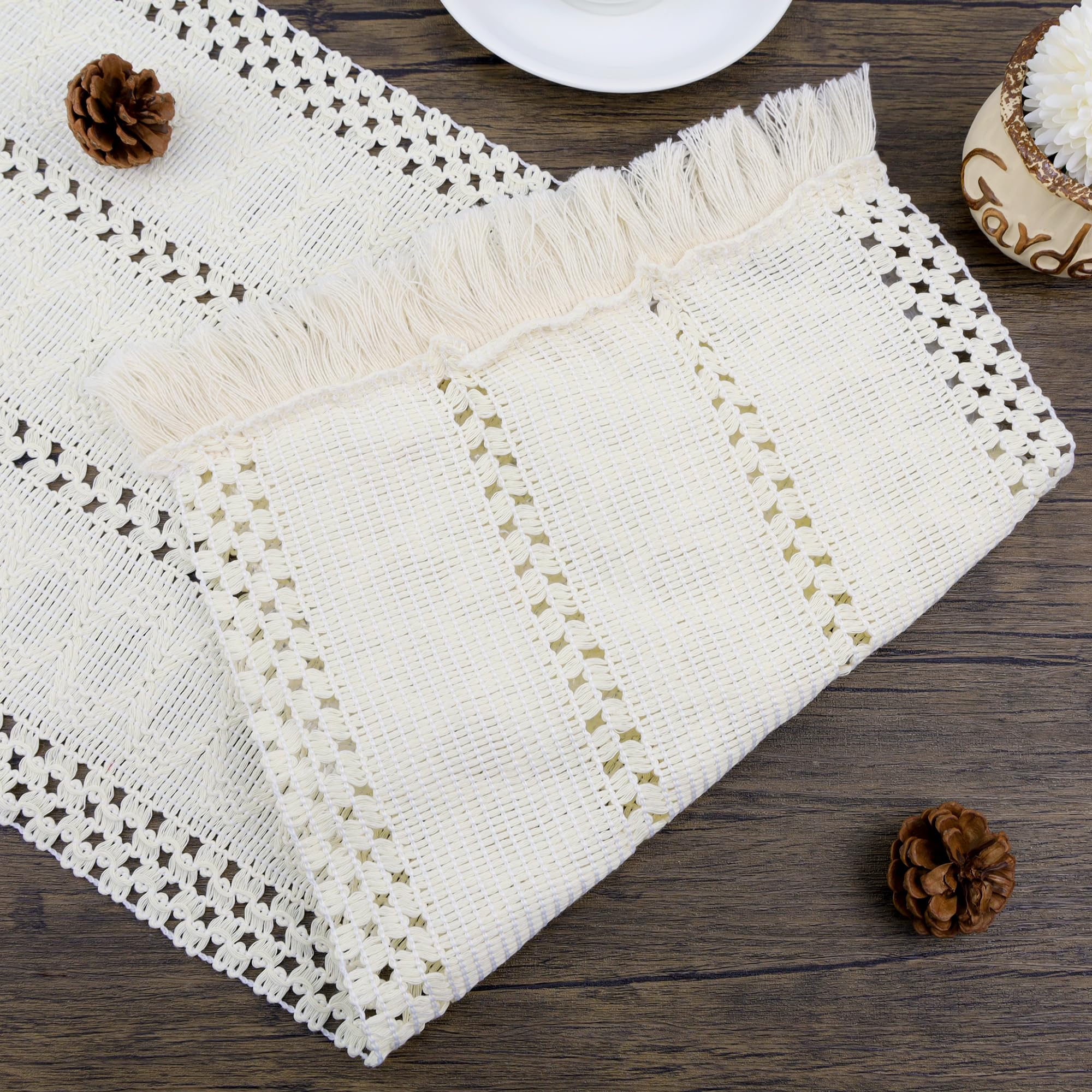 SITUMEIZI Camino de mesa bohemio de macramé beige con borlas, tejido rústico, camino de mesa para cocina, mesa de comedor, 48 pulgadas