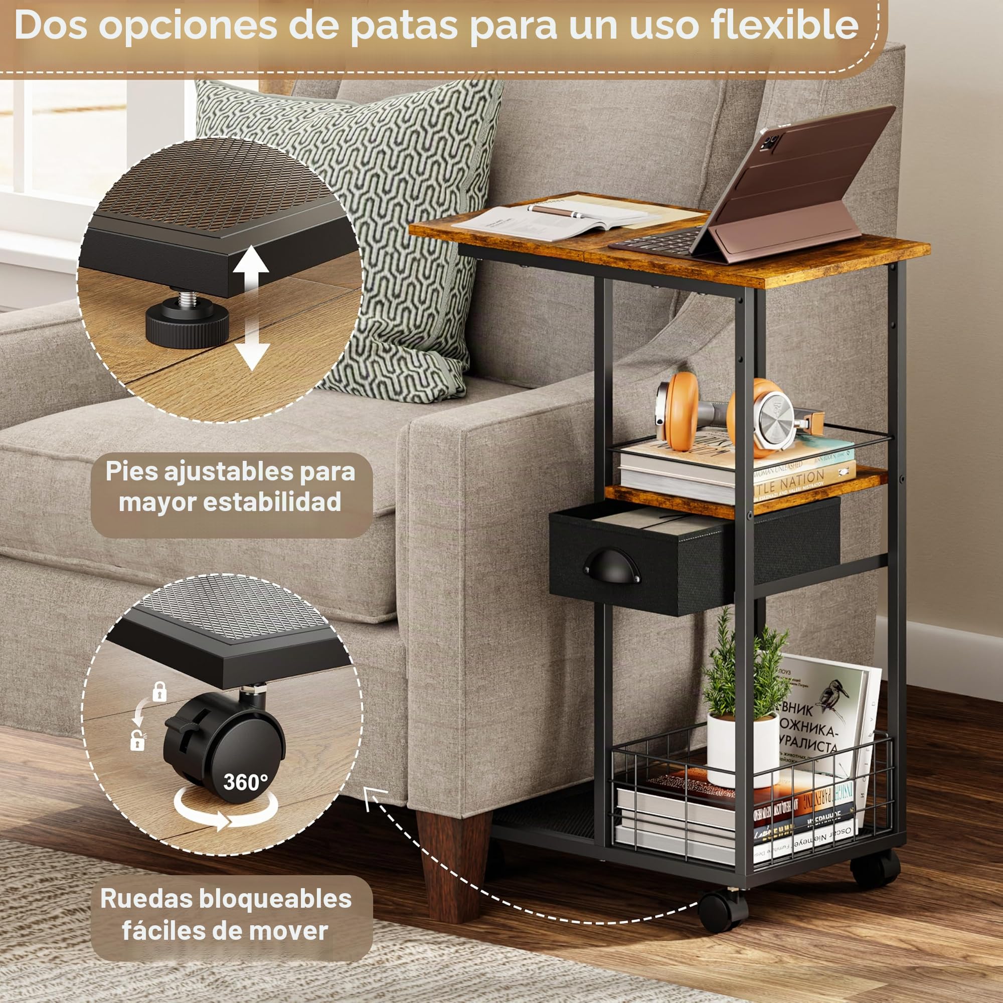 Sonyabecca Mesa Auxiliar en C con Ruedas, mesita de Noche con cajón para Cama o sofá, Mesa de Centro con Estructura de Metal, Mesa para salón, Dormitorio u Oficina en casa