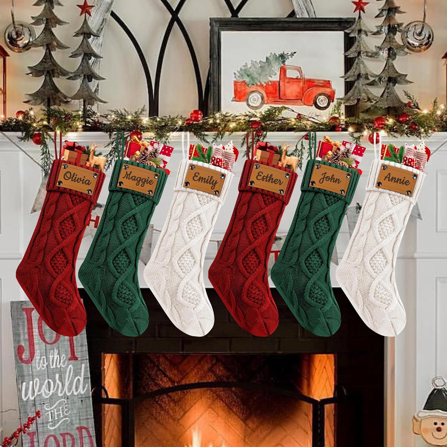 Personalized Christmas Stockings with Name, Custom Engraved Family Xmas Stocking, 18" Large Knitted Christmas Stockings for Kids, Birthday Christmas Party Decoration Gifts for Family 4 Pcs