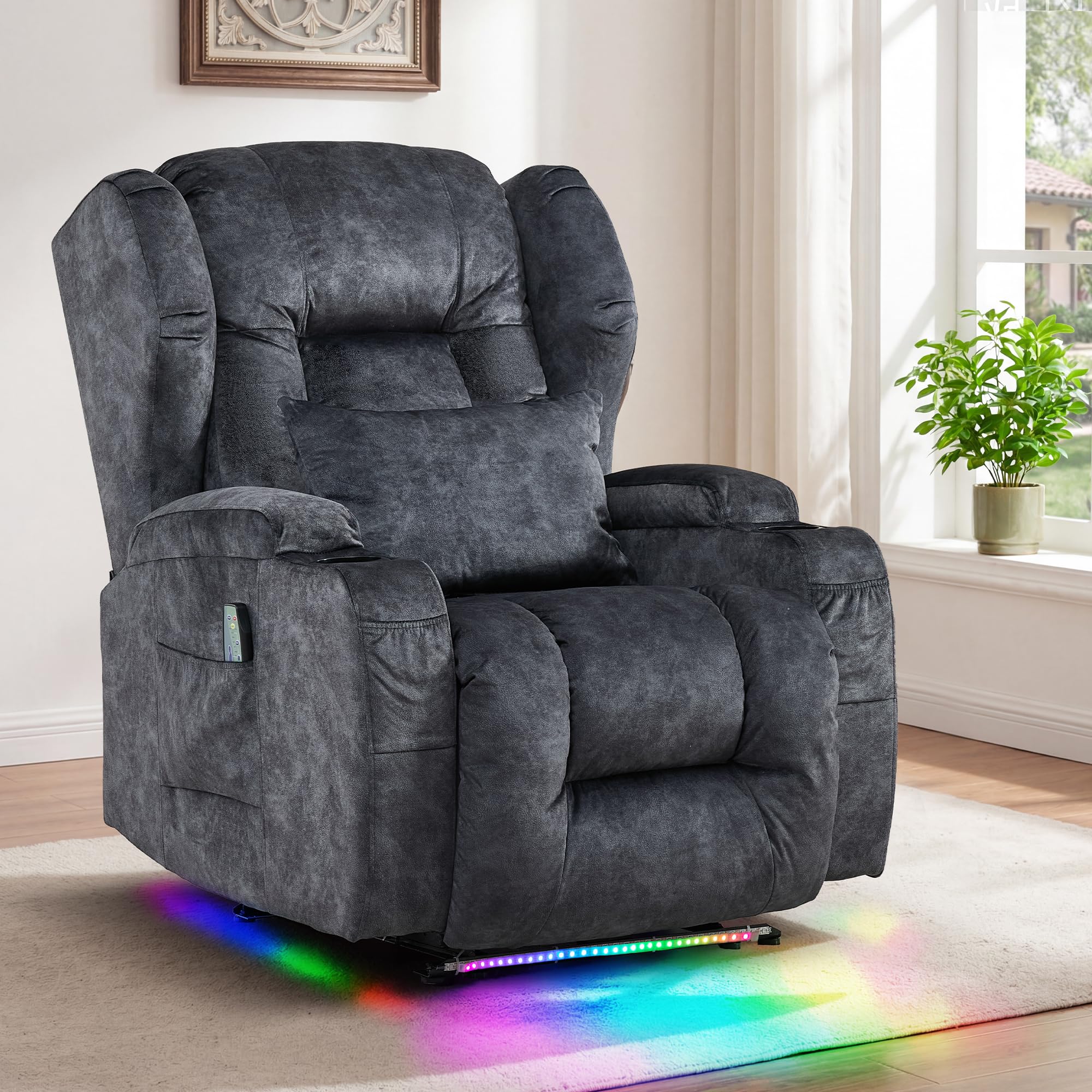 BINGTOO Electric Power Recliner Chair with Massage &amp; Heat - Ergonomic Wingback Lounge Sofa Chair for Living Room, Home Theater Seating &amp; RV with LED Light/Cup Holders/USB Ports, Velvet Gray