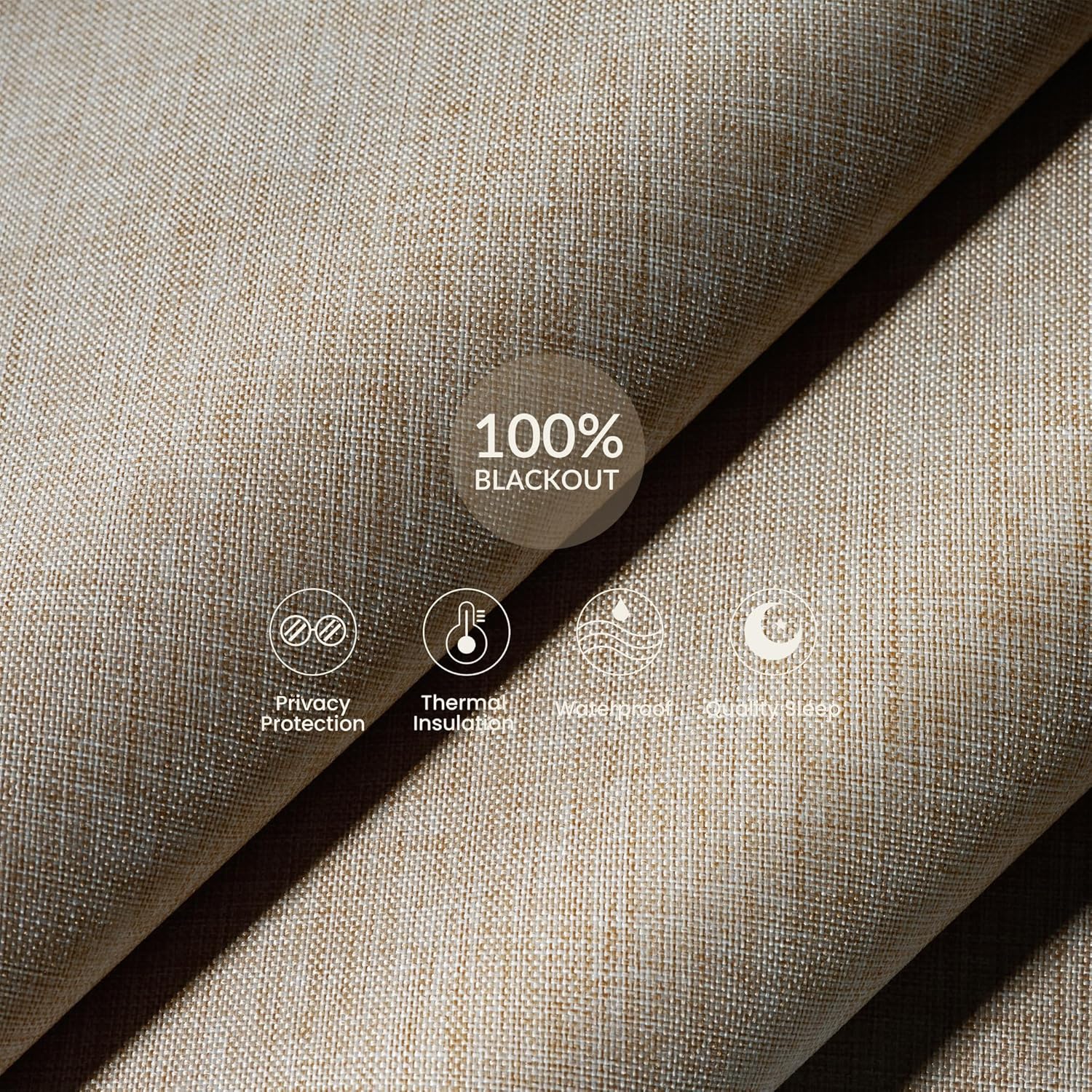 Close-up of blackout linen fabric with icons for privacy protection, thermal insulation, waterproof, and quality sleep.