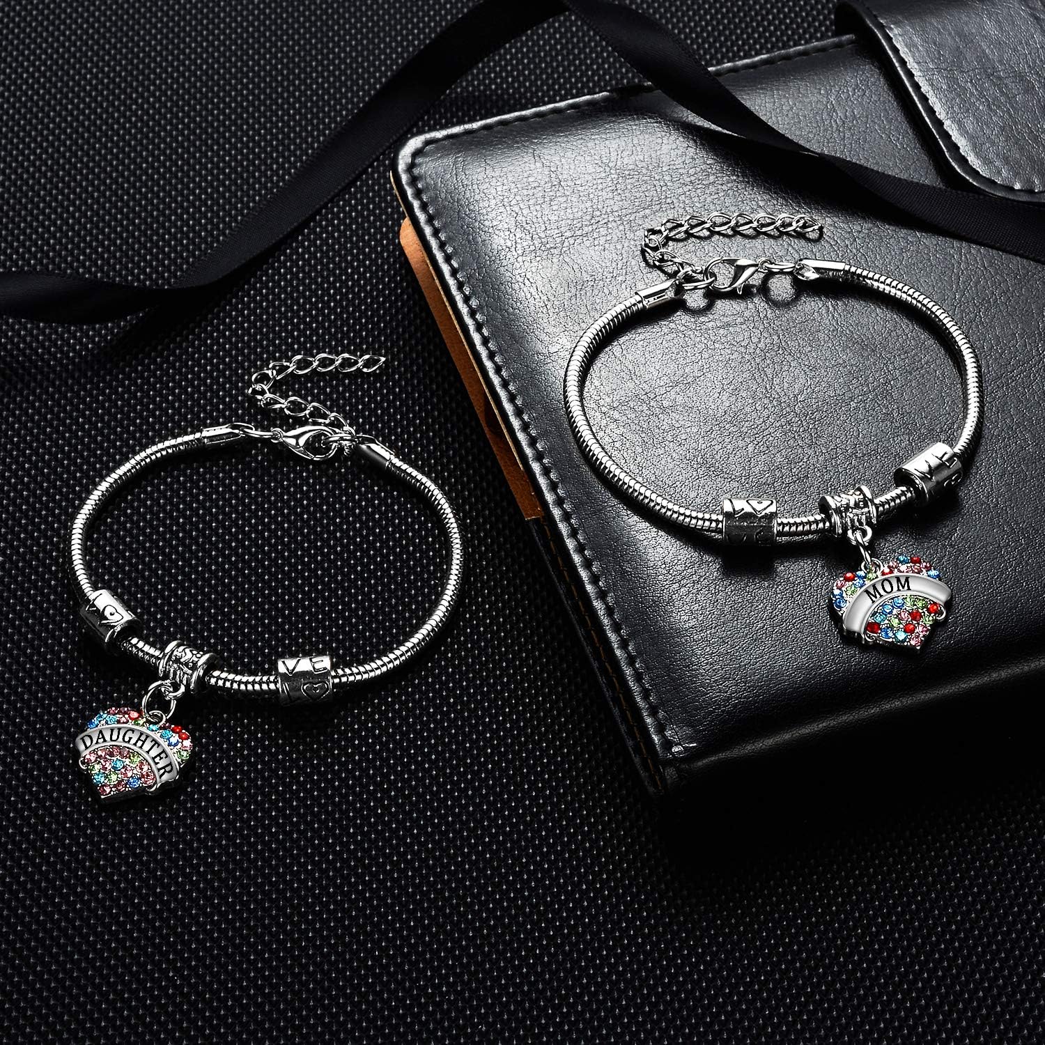 YEEQIN Set of 2 Crystal Heart Mom Daughter Charm Bracelet Jewelry Gift for Mother and Daughter - Image 3