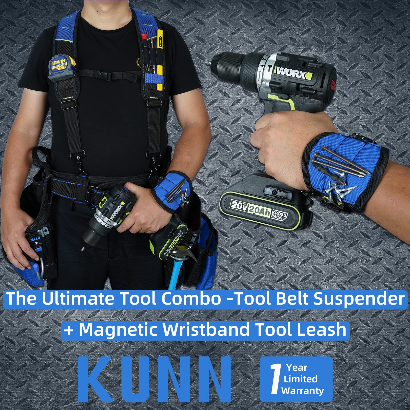 KUNN Magnetic Tool Belt Suspenders Heavy Duty Work Suspender for Construction Electricians Carpenter Framer Tool Belts