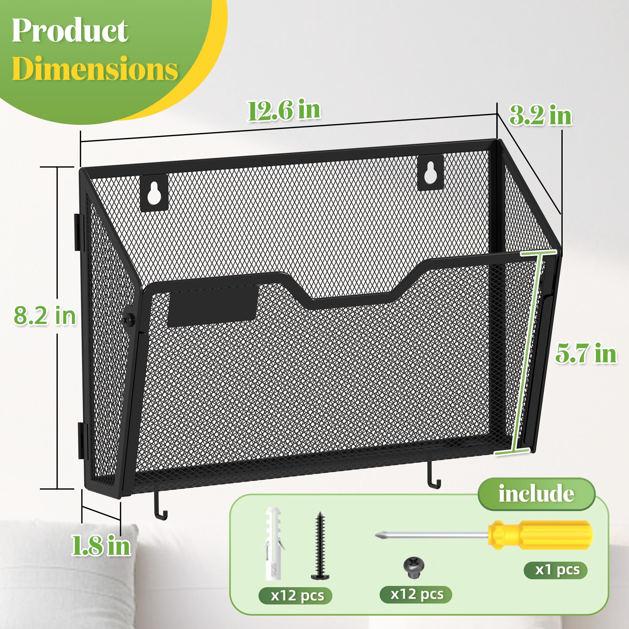 YINGHUA 6 Stück Netz-Aktenhalter zur Wandmontage – robuster Metall-Hängeorganizer mit Haken – 32,6 cm vertikale Wandkörbe für Briefpapiere, Büro, Zuhause und Schule, Aufbewahrung – Schwarz