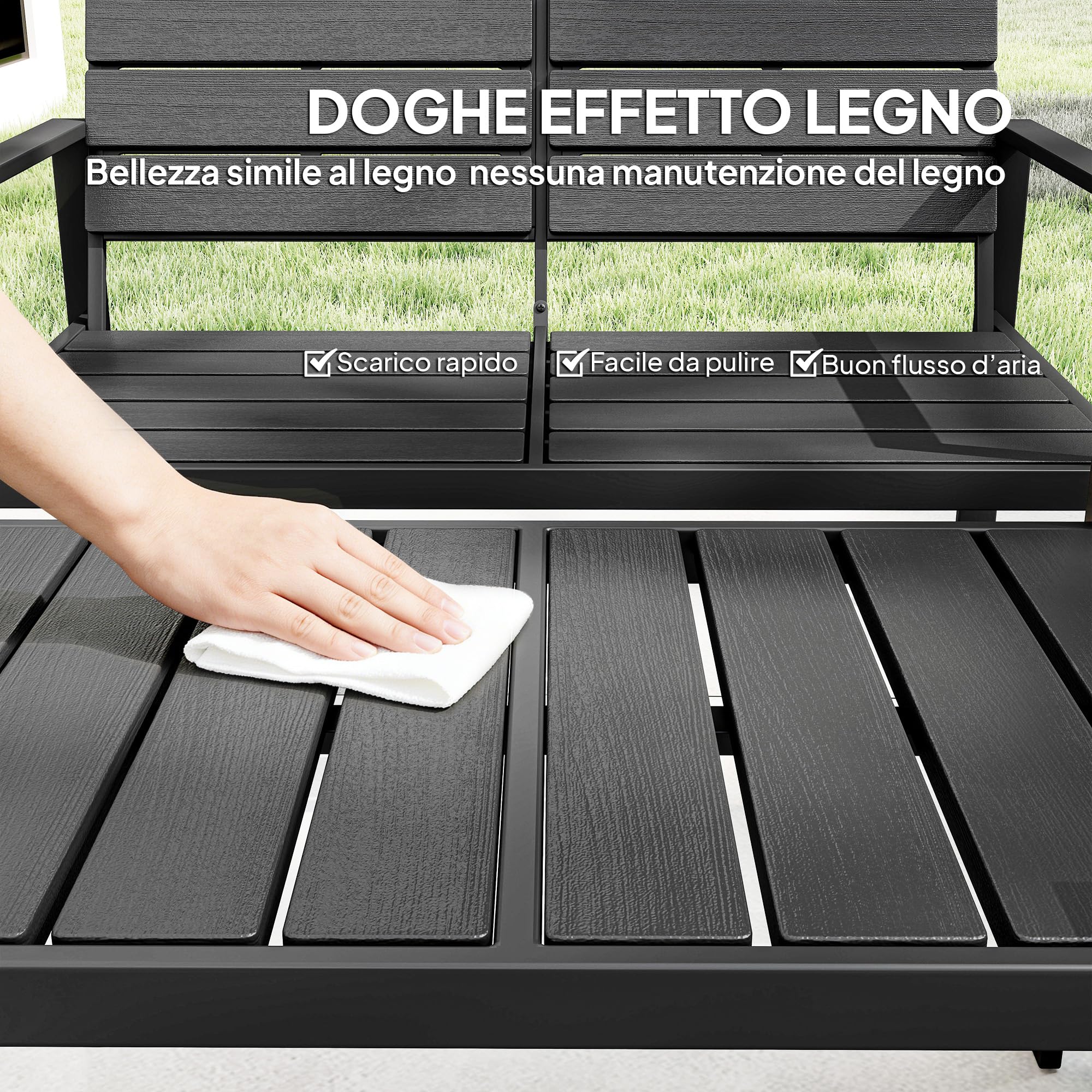 Outsunny Set Salotto da Giardino 4 Pezzi, Set di Mobili da Giardino in HDPE con Tavolino da Caffè, Divanetto da Esterno a 2 Posti, 2 Poltrone, Struttura in Metallo, Salottino da Esterno Balcone, Nero