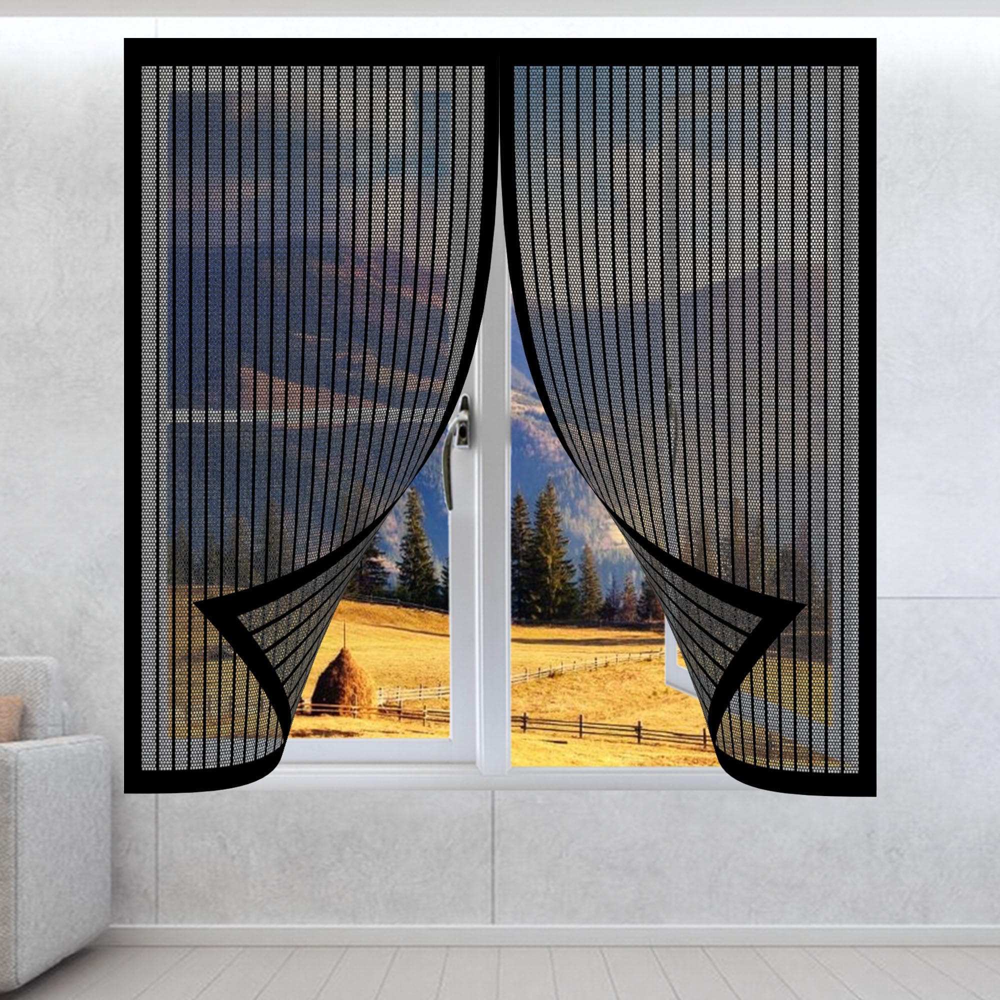 Magnetic Fly Screen Window 130 x 145 cm with Selfadhesive Magnetic Window Fly Screen Insect Mesh Custom Size for Living Room Bedroom Offfice, Black