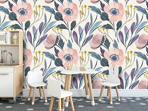 Papel tapiz removible para despegar y pegar, mural de pared autoadhesivo, decoración floral de acuarela para habitación del bebé, colores