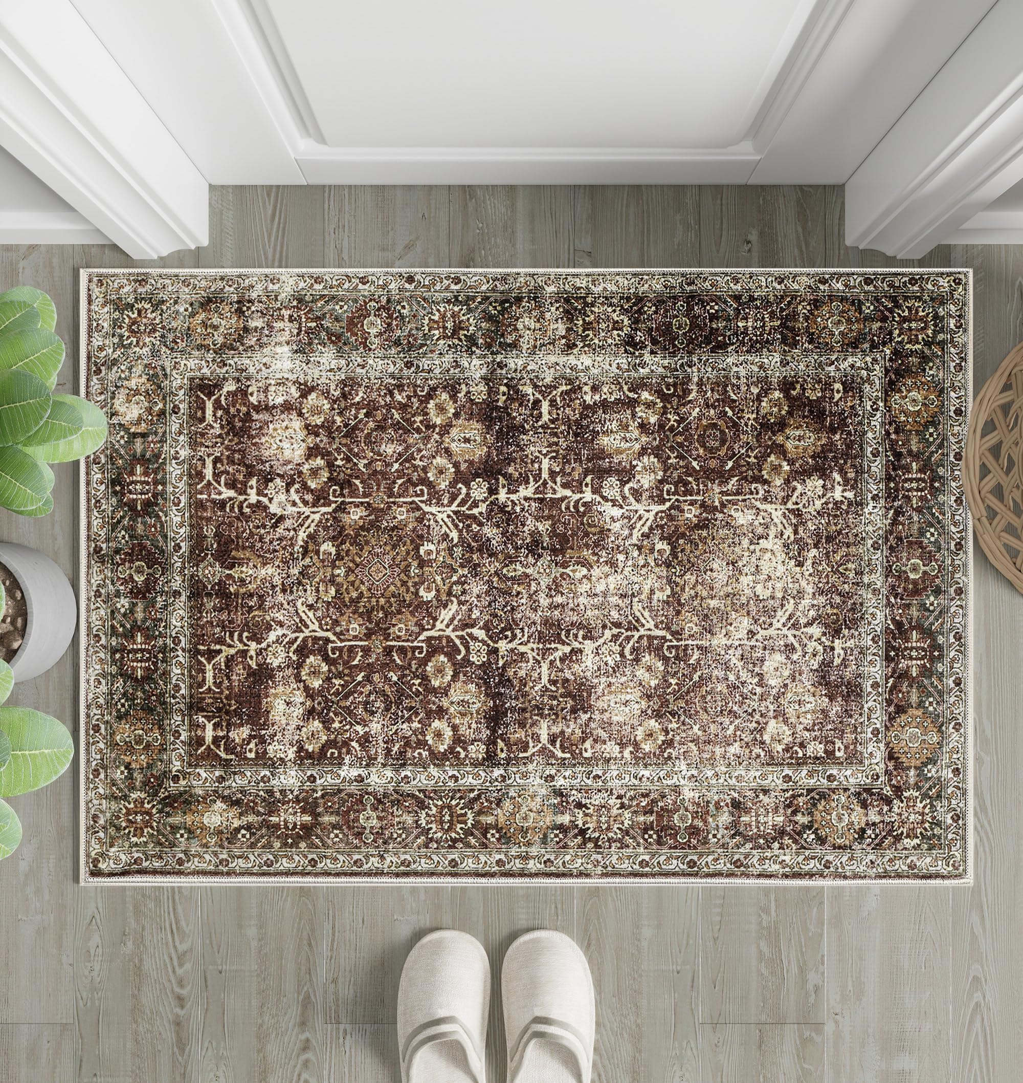 Rust Red Entryway Rug 2x3 Vintage Area Rug Indoor Kitchen Washable Door Mat Living Room Carpet Tribal Distressed Rug Retro Accent Throw Rug for Office Dining Room Bathroom Faux Wool