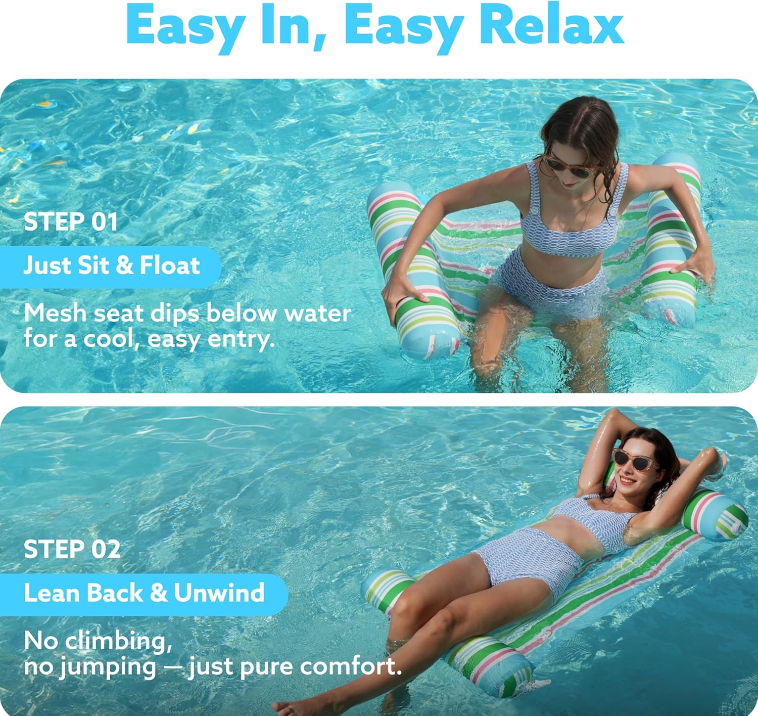 Sloosh 3 Pack 4-in-1 Inflatable Pool Floats - Water Hammock Lounges, Multi-Purpose Swimming Pool Accessories (Saddle, Lounge Chair, Drifter) for Pool, Lake, Outdoor, Beach
