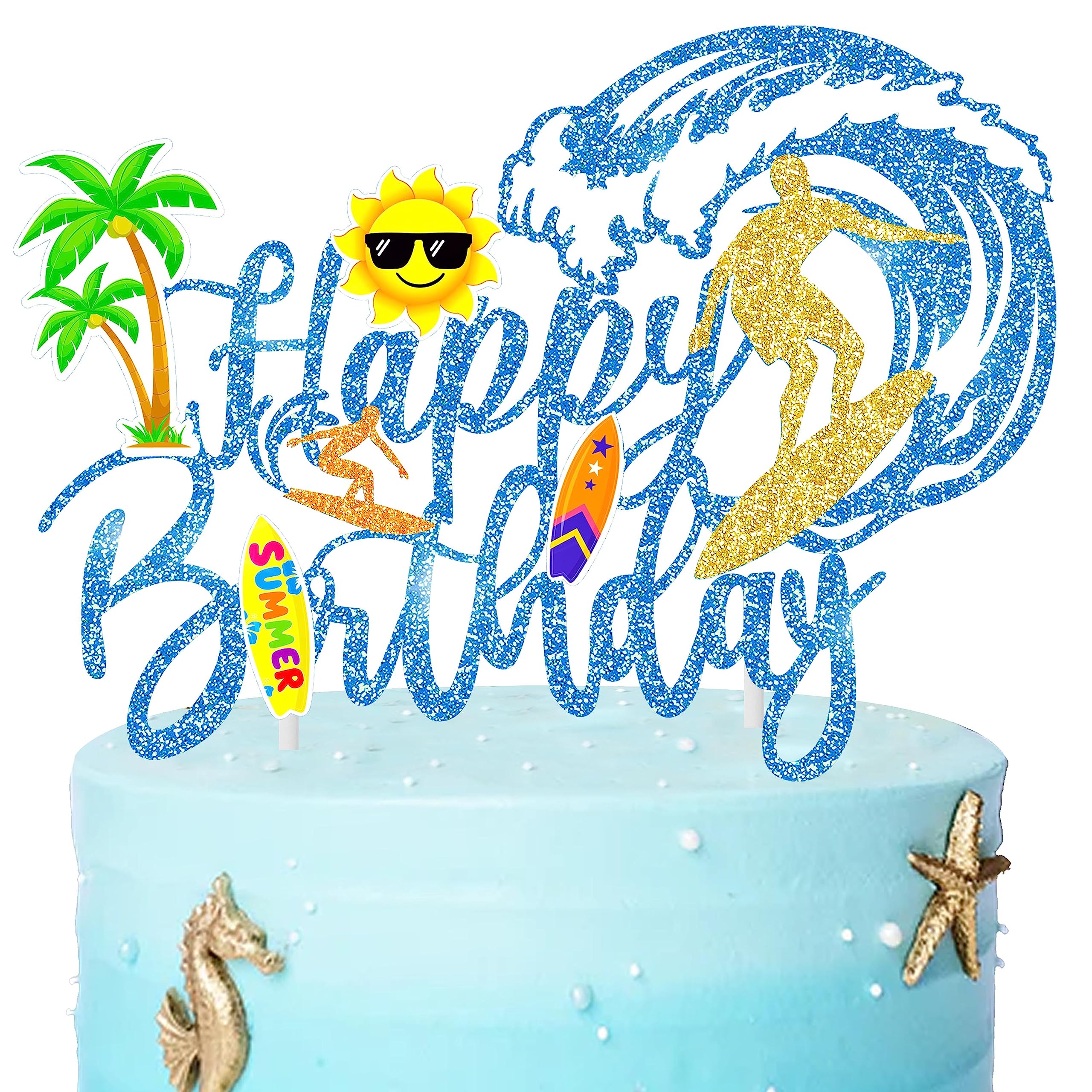 Sommer Strand 'Happy 8th Birthday' Cake Topper | Blaue Glitzer-Deko Für Geburtstagsparty | 11 Zoll