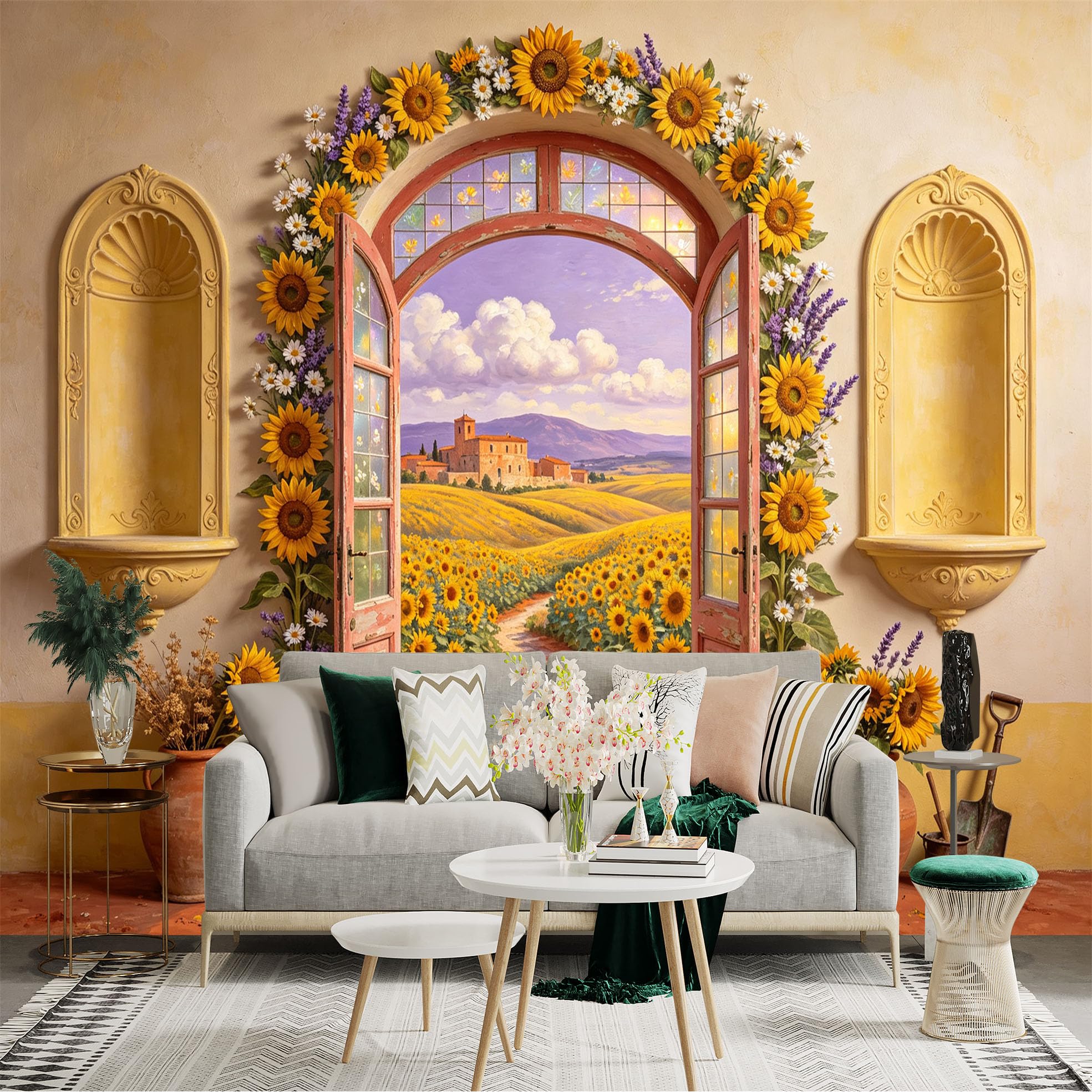 Custom Size Wall Sticker Mural， Sunflower Field Rustic Window Countryside Landscape Floral View， for wall Decoration， peelandstick wall Decals.