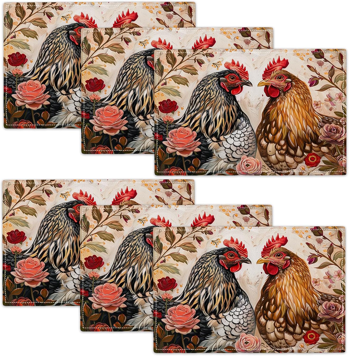 Rooster Placemats Set of 6 Farmhouse Chicken Plants Flower Placemats Farm Cock Chicken Country Hen Washable Place Mats for Party Kitchen Dining Decoration 6 PCS