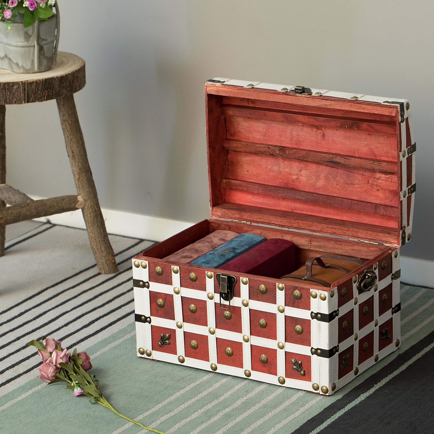 Vintiquewise Red and White Antique Pirate Style Storage Trunk with Lockable Latch and Handles : Home & Kitchen