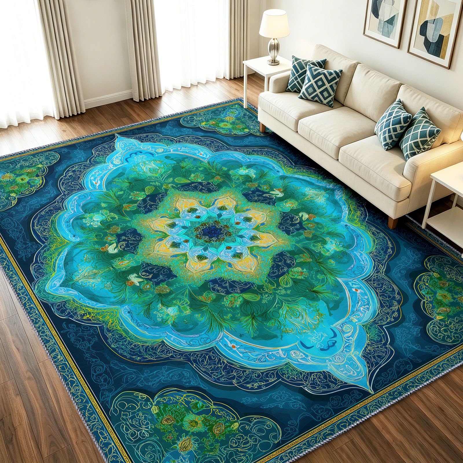 Alfombra abstracta verde para salon de pelo corto suave lavable
