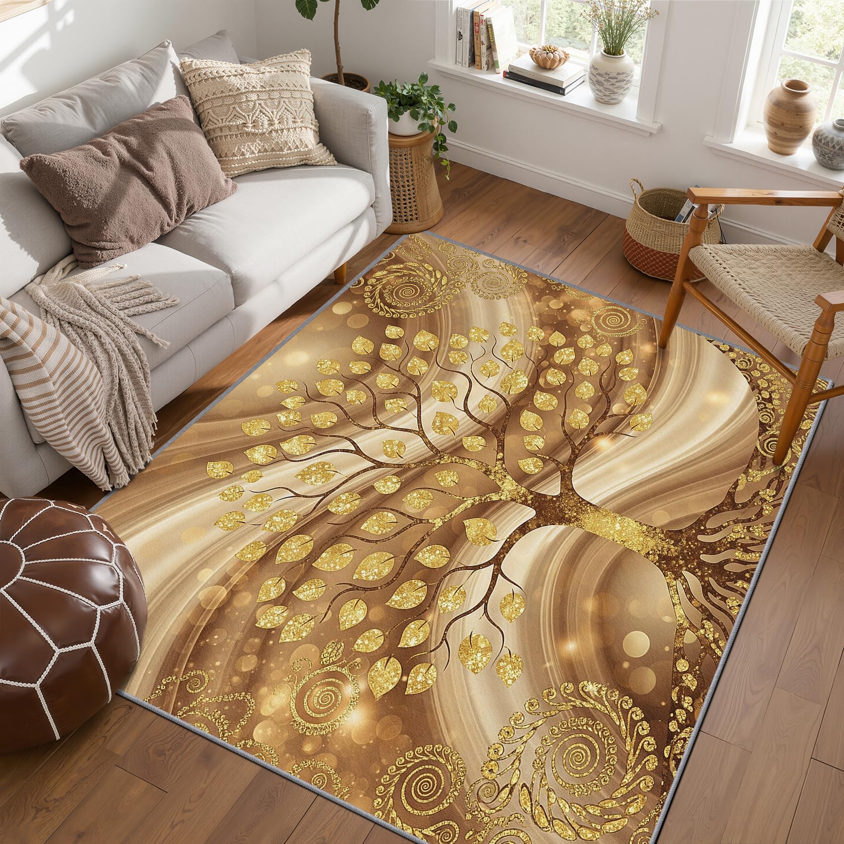 PaxGloz Art Deco Rugs for Living Room - Tree of Life Rug, Beige and Gold Rugs for Living Room Bedroom, Washable Non Slip Soft Small Carpet, Patterned Area Rug & Home Decor 50x80 cm