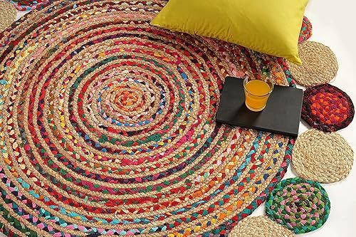 Miniatura 3 de GRUHUM Alfombra de Área de Yute y Algodón de 5 pies - Alfombra de Área de Yute Redonda de Fibra Natural Tejida a Mano Estilo Bohemio Granja Colorida