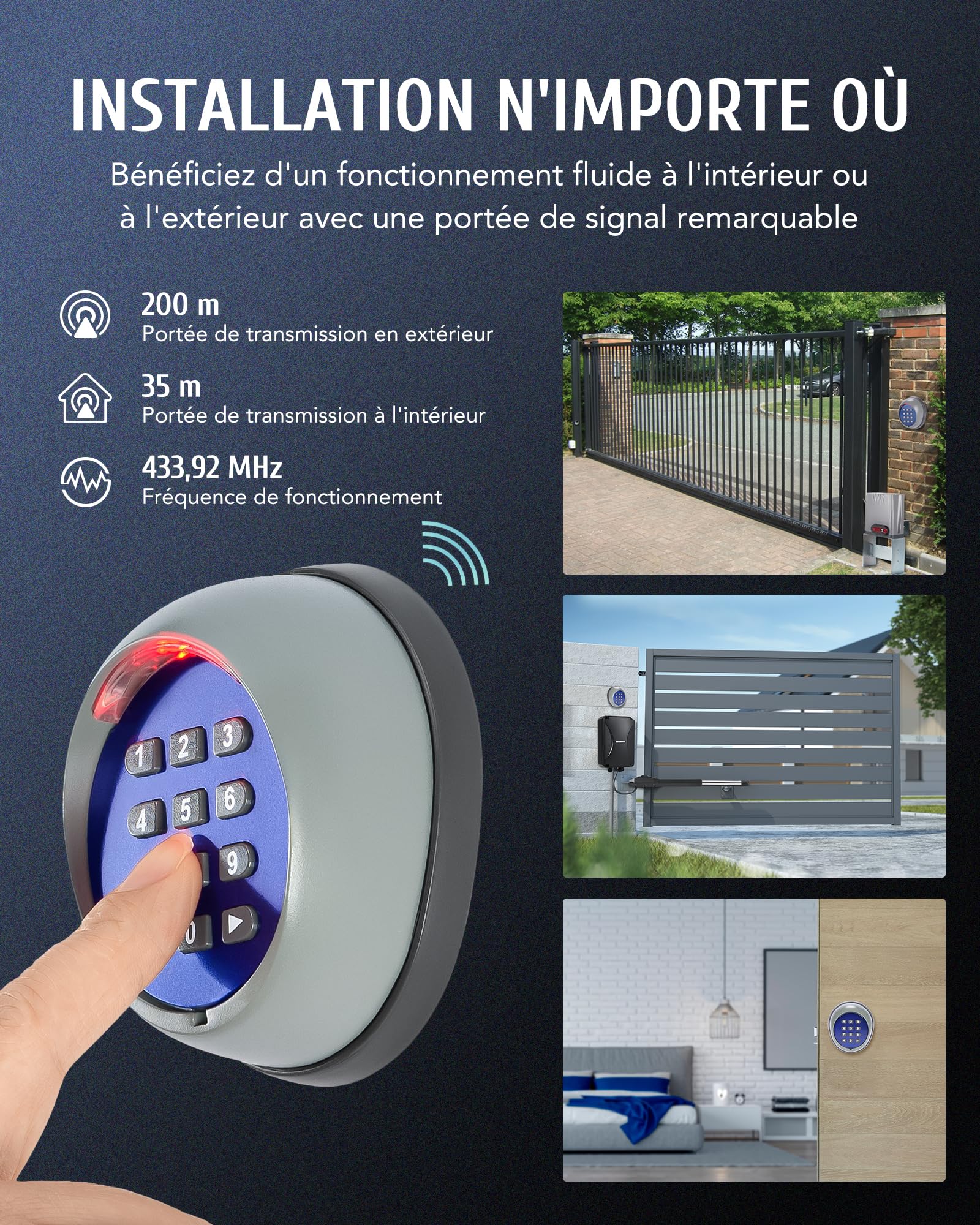 CO-Z Clavier à Code sans Fil pour Système de Sécurité Moteur Ouverture de Portail Domestique Portée 200m Porte Intelligente Intérieur et Extérieur Serrure de Porte sans Clé 433.92MHz