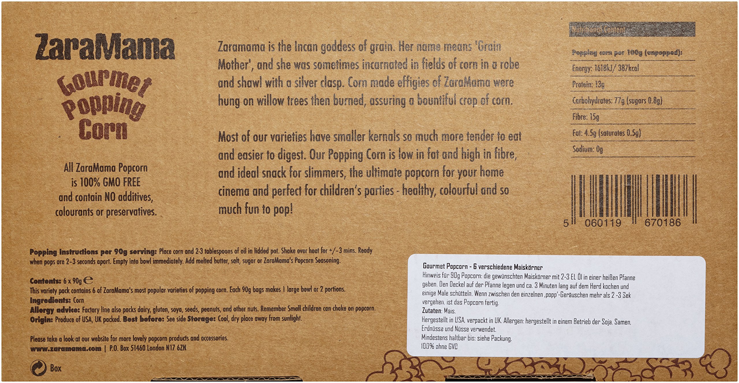 Die Zaramamas Geschenkbox bietet eine Auswahl an Gourmet-Popcorn-Sorten für den besonderen Snackgenuss.