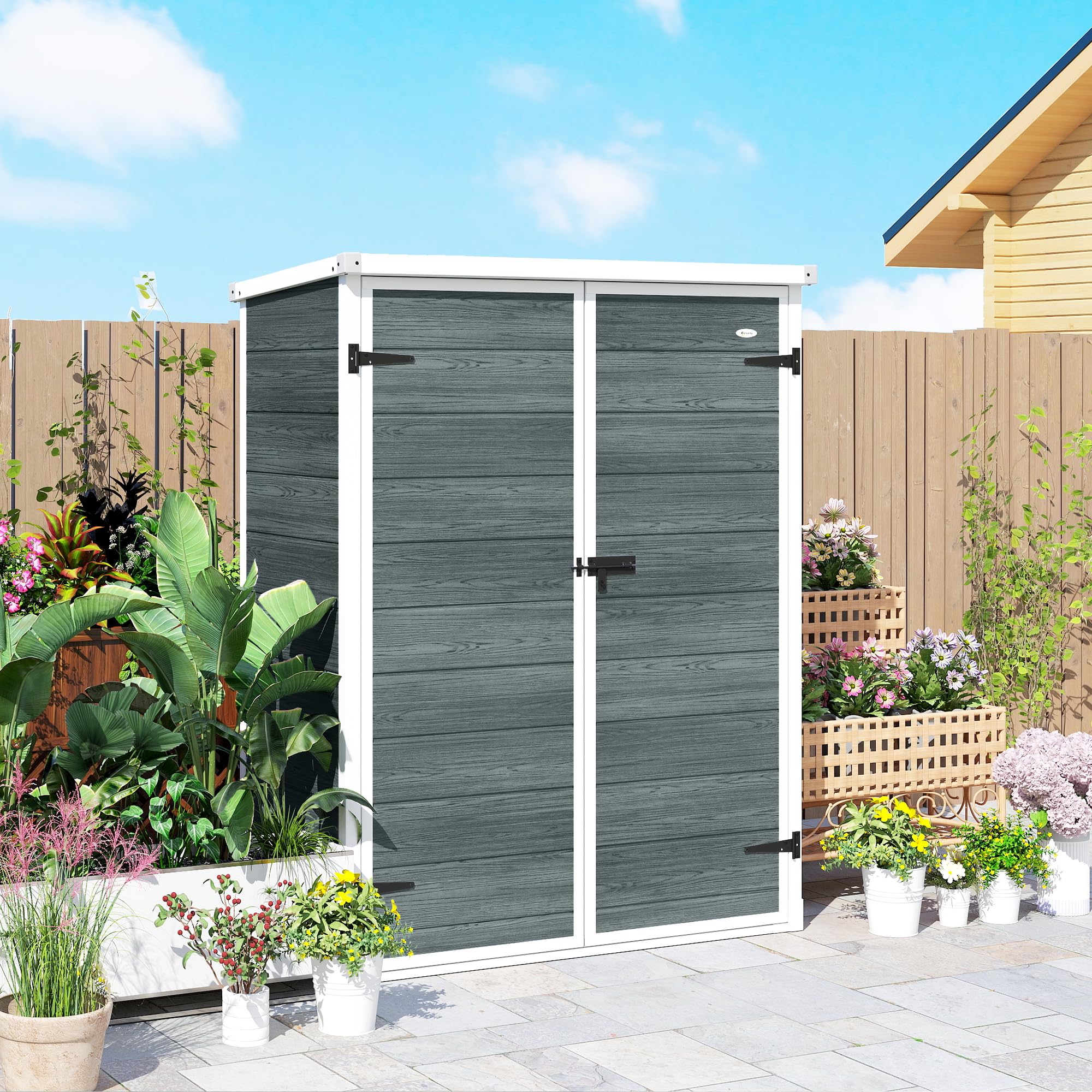 Outsunny Gerätehaus 0,8m² mit Klappbaren Regalen 134 x 68,5 x 170 cm | Kunststoff Gartenschuppen, Schnellmontage, Doppeltür, Boden, Schloss, Handschuhe, Geräteschuppen für Werkzeuge