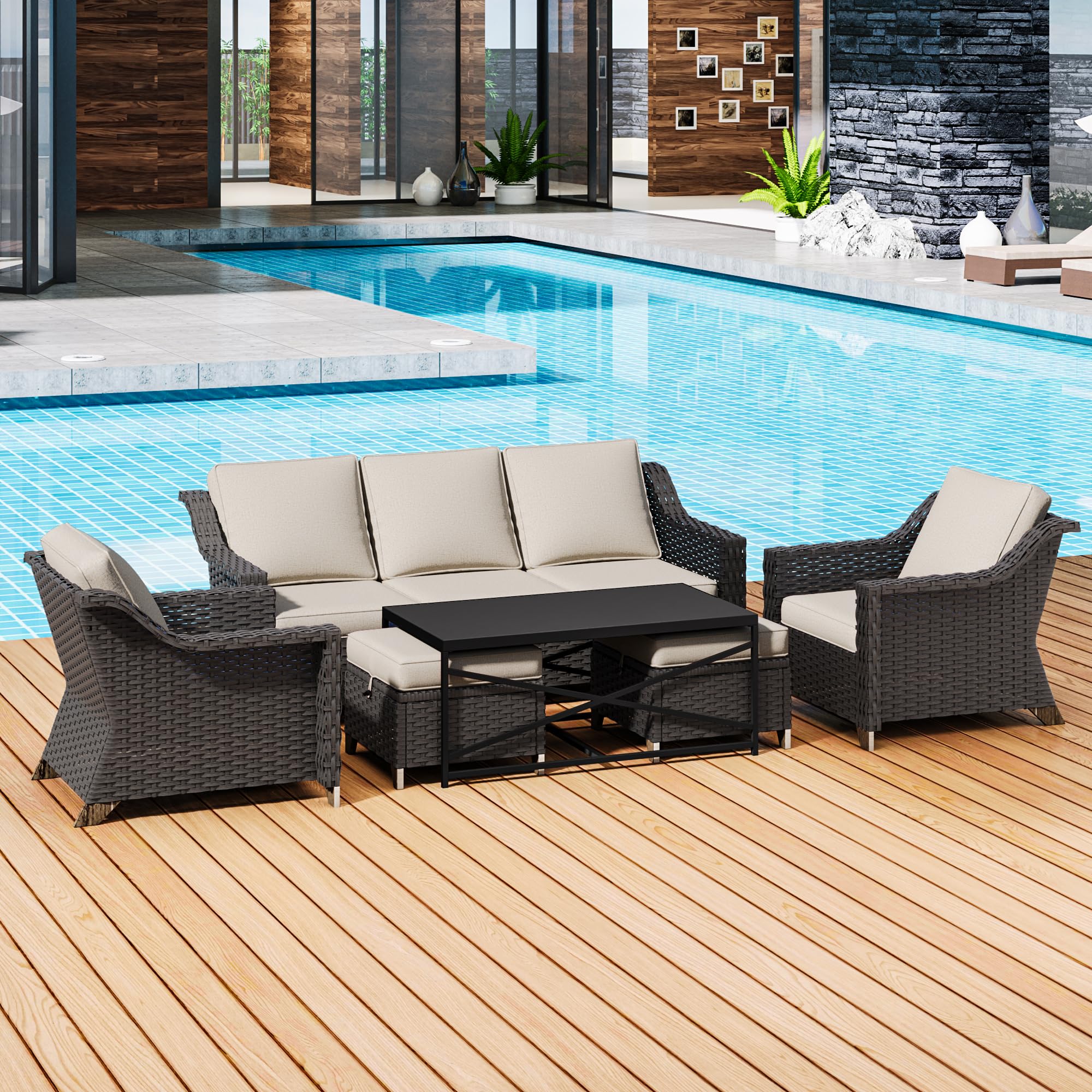 6 Pieces Outdoor Conversation Furniture Set - 77" Patio Sofa, 2 Armchairs, 2 Ottomans, 1 Metal Table, Patio Wicker Couch Set with Washable Cushions for Swimming Pool (Beige)