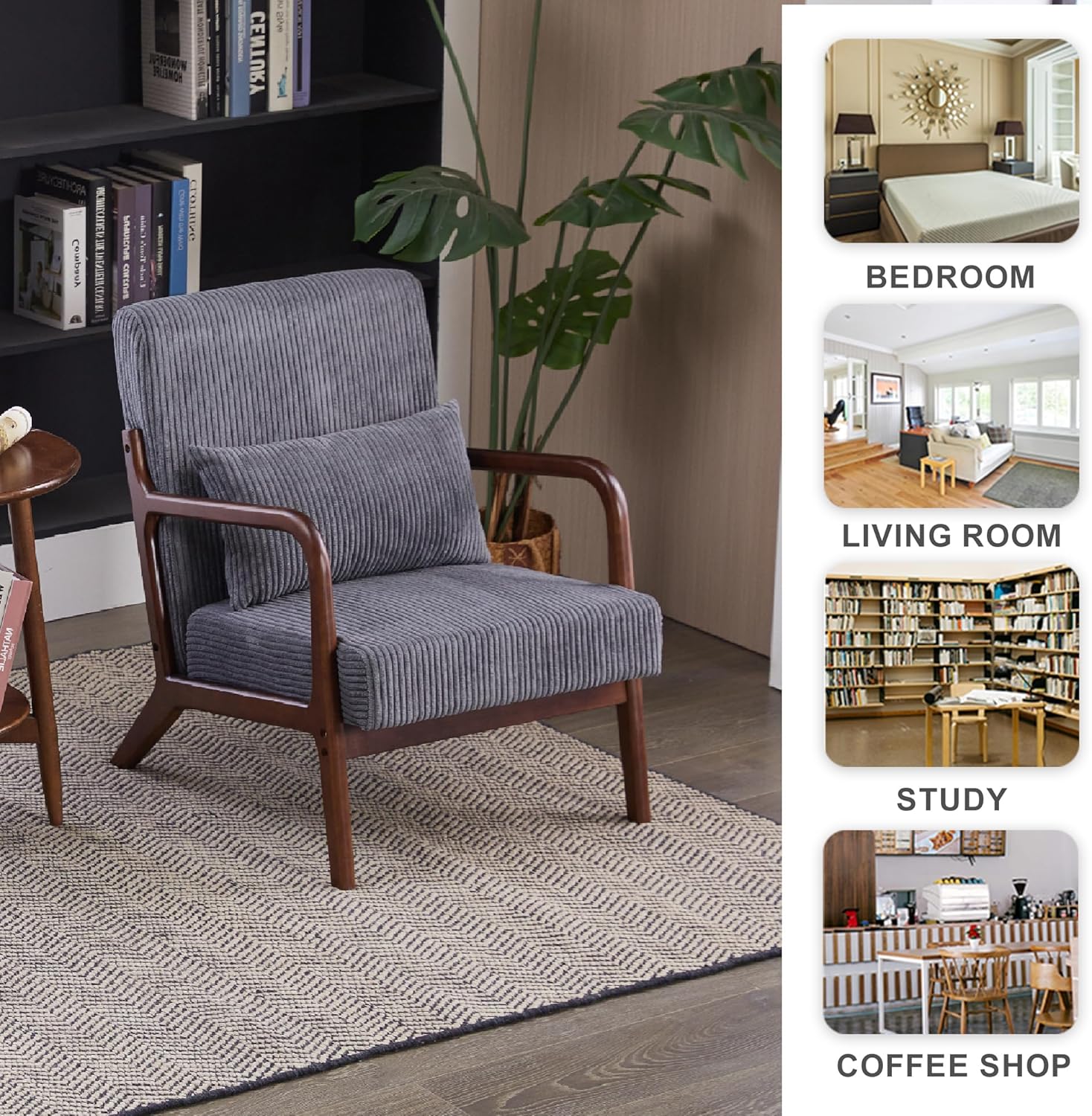 Corduroy Accent Chair, Set of 2 Mid Century Modern Armchair with Soft Cushion, Wingback Lounge Chair with Solid Wood Frame for Bedroom, Living Room, Reading Room (Walnut Color&Dark Grey)