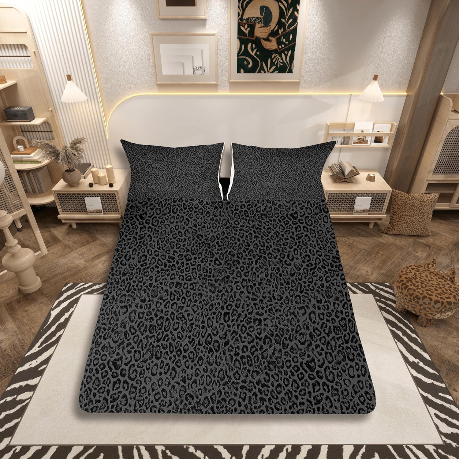 jejeloiu Black Leopard Fitted Sheet with 2 Pillowcases Queen Size Cheetah Bed Sheets Set 16" Deep Pocket Boys Girls Animal Print Bedding Safari Teens Bedroom Decor Soft Lightweight（No Flat Sheet）