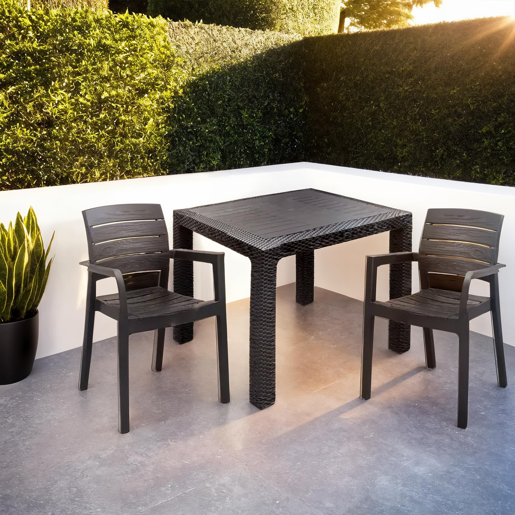 Sicignano | Set Sedie e Tavolo 90x90cm Completo Antracite, Resistente UV, per Esterni e Interni, Adatto a Bar Ristoranti Pizzerie Spazi Commerciali (1, 2 Sedie 1 Tavolo)