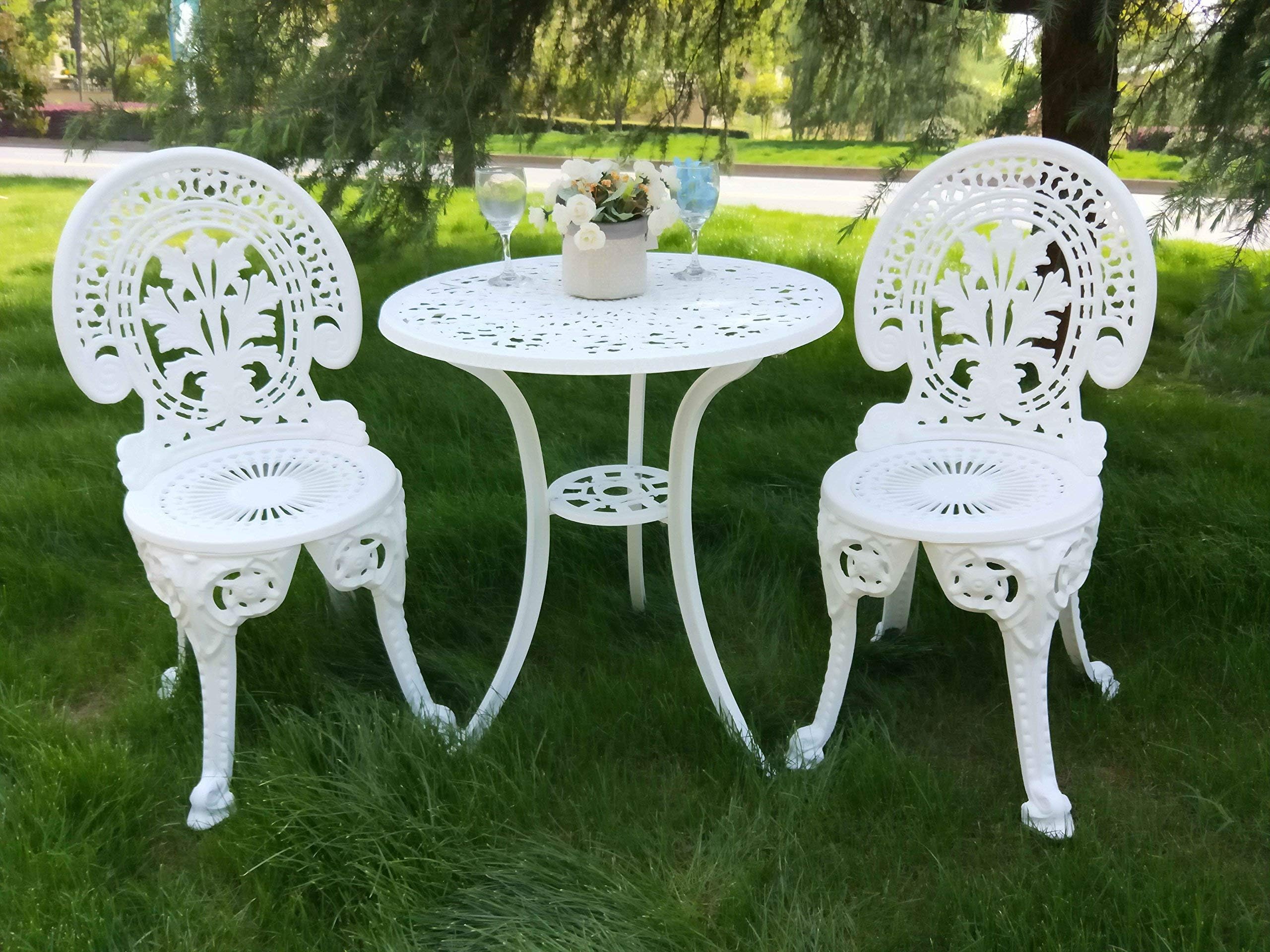 Weather-Resistant Outdoor Patio Furniture 3PC Cast Aluminum Bistro Set, Ivory White
