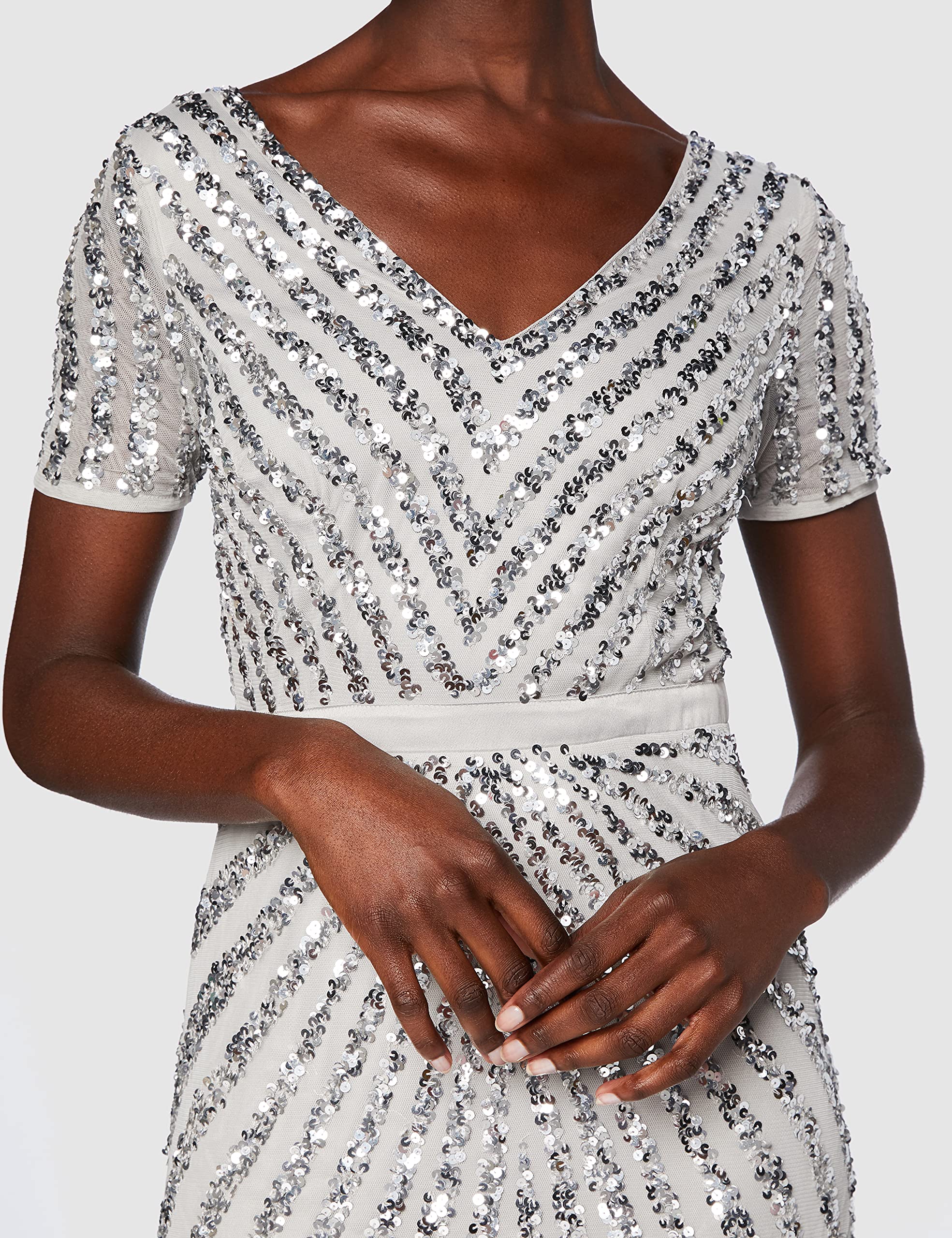 Maya Deluxe Robe de Soirée Femme Maxi, à Paillettes, Taille Haute Empire, Col V, pour Bal de Promo, Mariage, Mariée