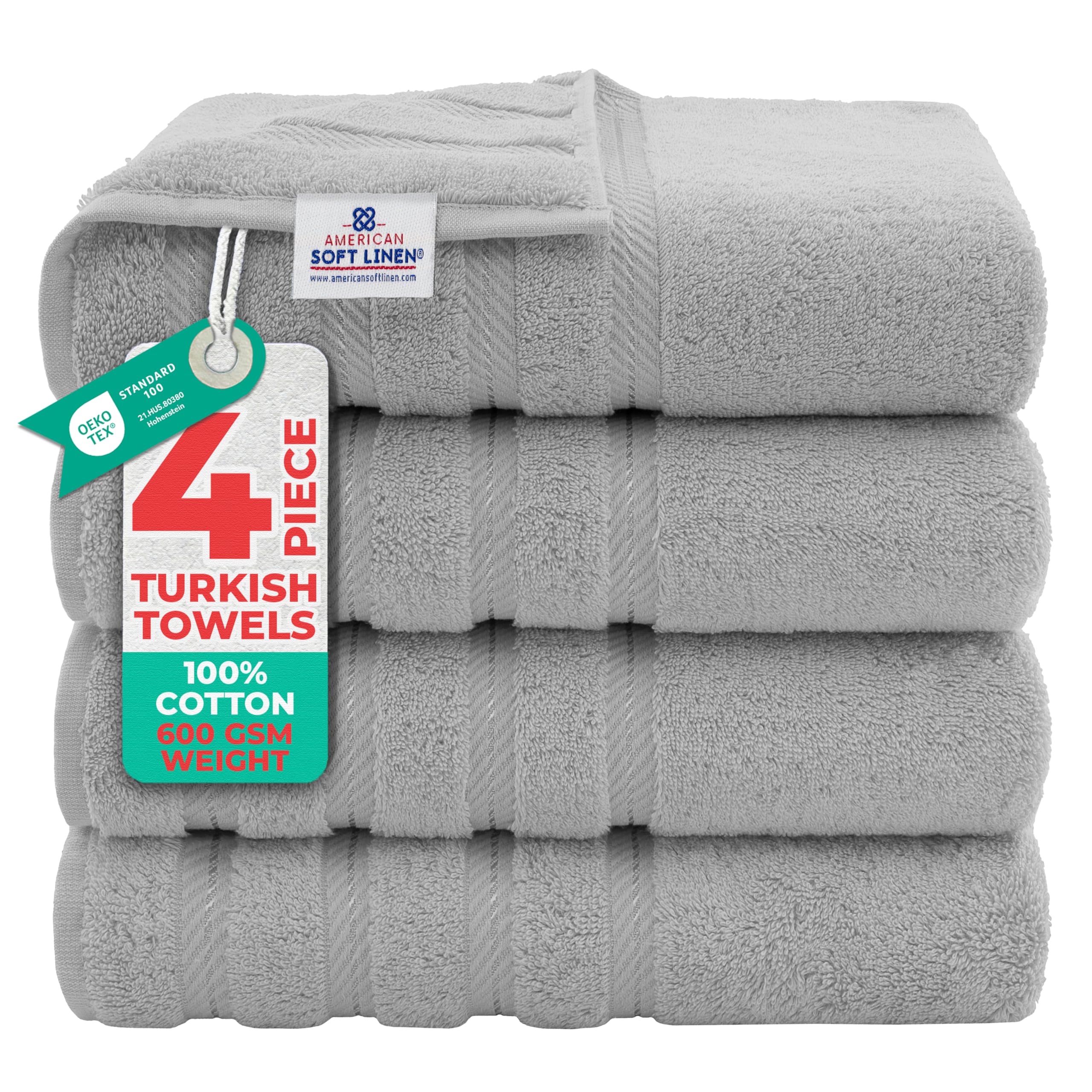 Luxury 4 Piece Bath Towel Set, 600 GSM 100% Cotton Turkish Bath Towels for Bathroom, 27x54 in Large Bathroom Shower Towels, Light Grey