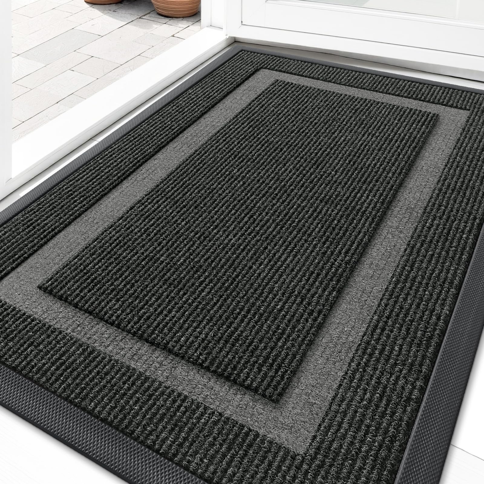 OLANLY Front Door Mat Outside 33x21, All-Season Heavy-Duty Rubber Doormat | Black, Absorbent, Stain and Fade Resistant, Waterproof Non-Slip Backing, Low-Profile Indoor Outdoor Floor Mat for Entryway