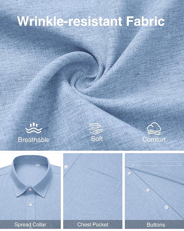 ROUWELL Sky Blue Mens Linen Shirt Short Sleeve Wrinkle Free Casual Button Down Shirt Untucked Beach Tops Summer 4XL by ROUWELL - Used condition - Image 5