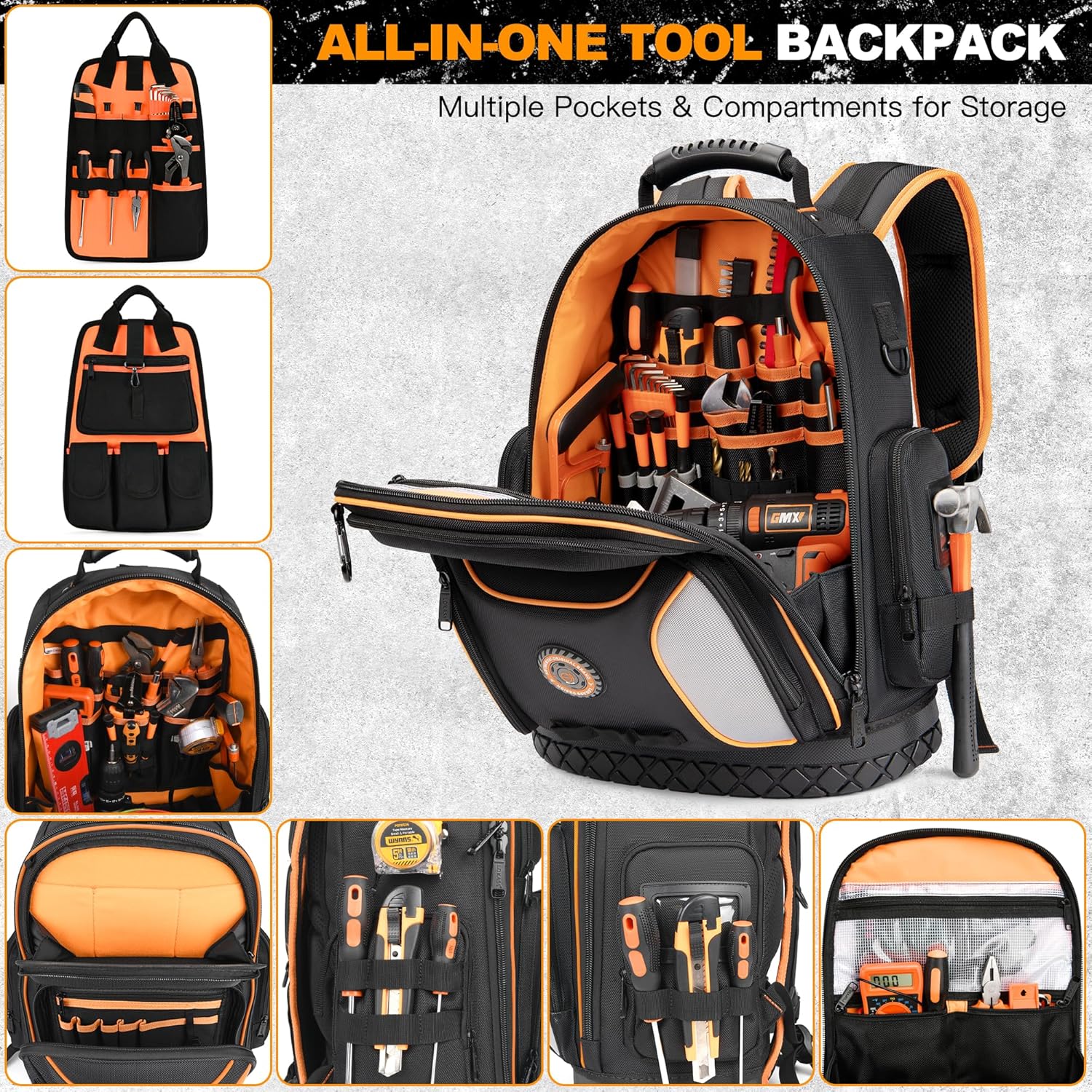 tool bag backpack, 75 pockets & loops heavy duty tools organizer bags/hvac tool carrier for eelectrician/construction work with molded base and combination lock, large, black and orange